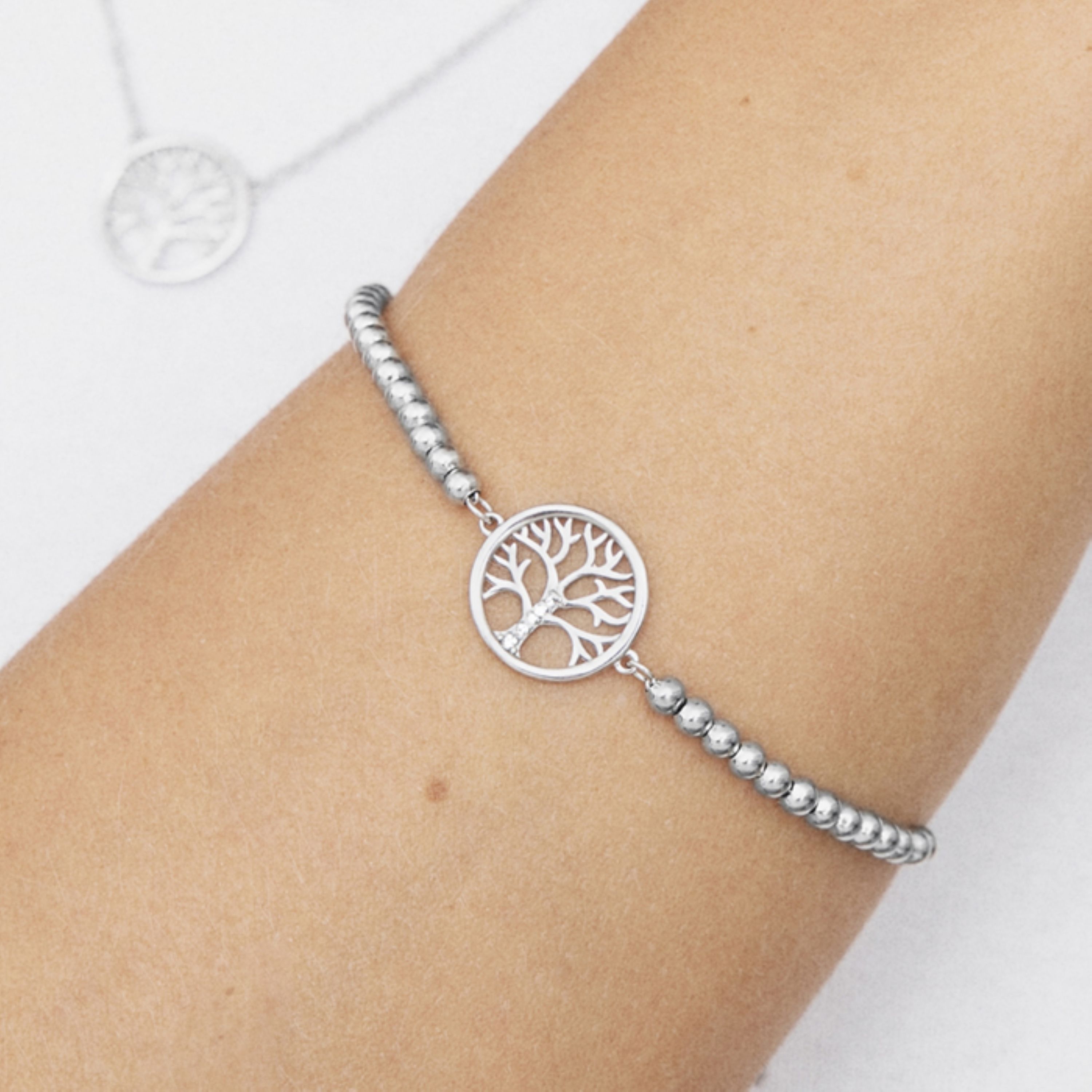 Bracciale in Argento Sterling 925 con Zirconia Brillante placcato in Rodio - Albero della Vita