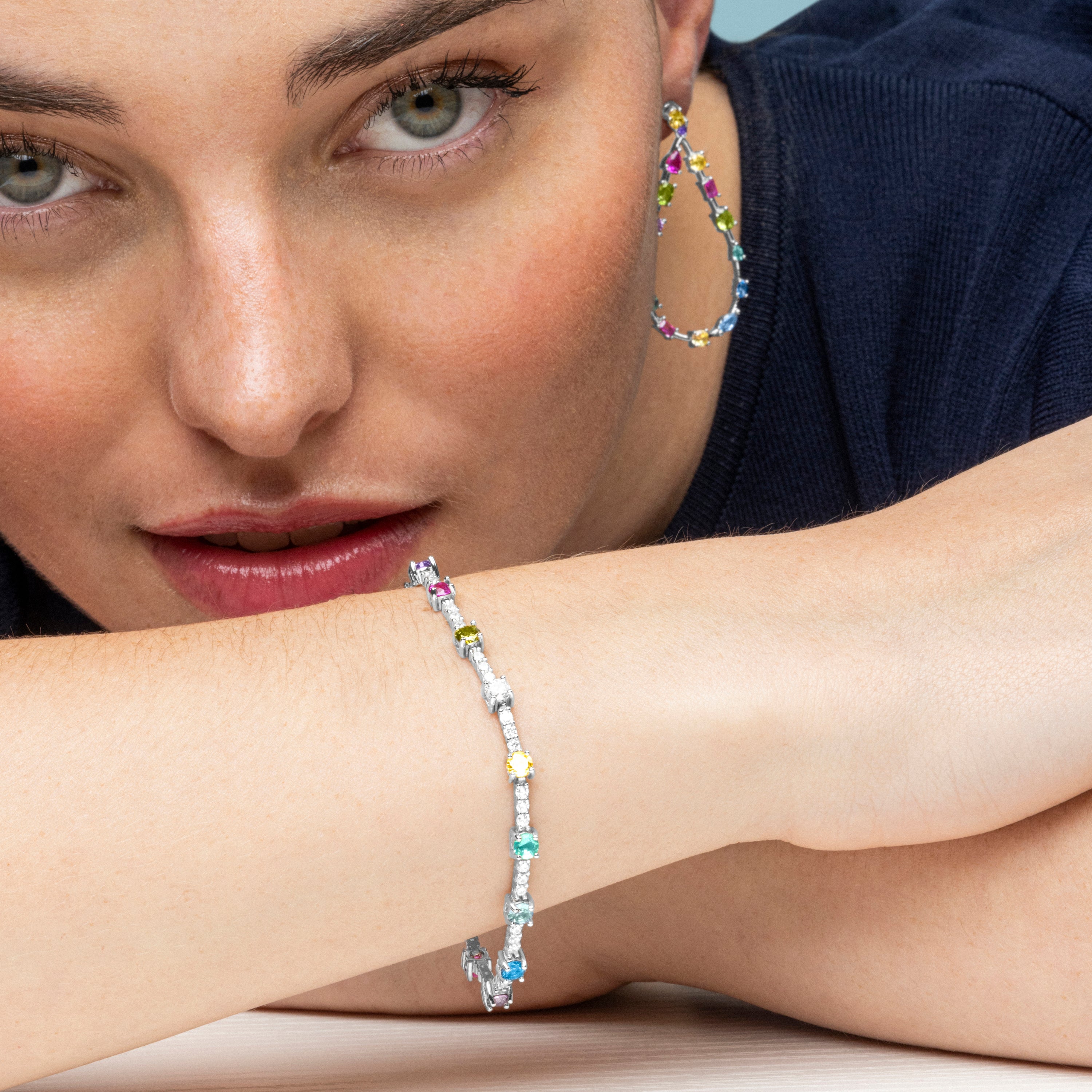 925 Sterling Silver Bracelet with Multicolor Zirconia finished in Rhodium - Kirith