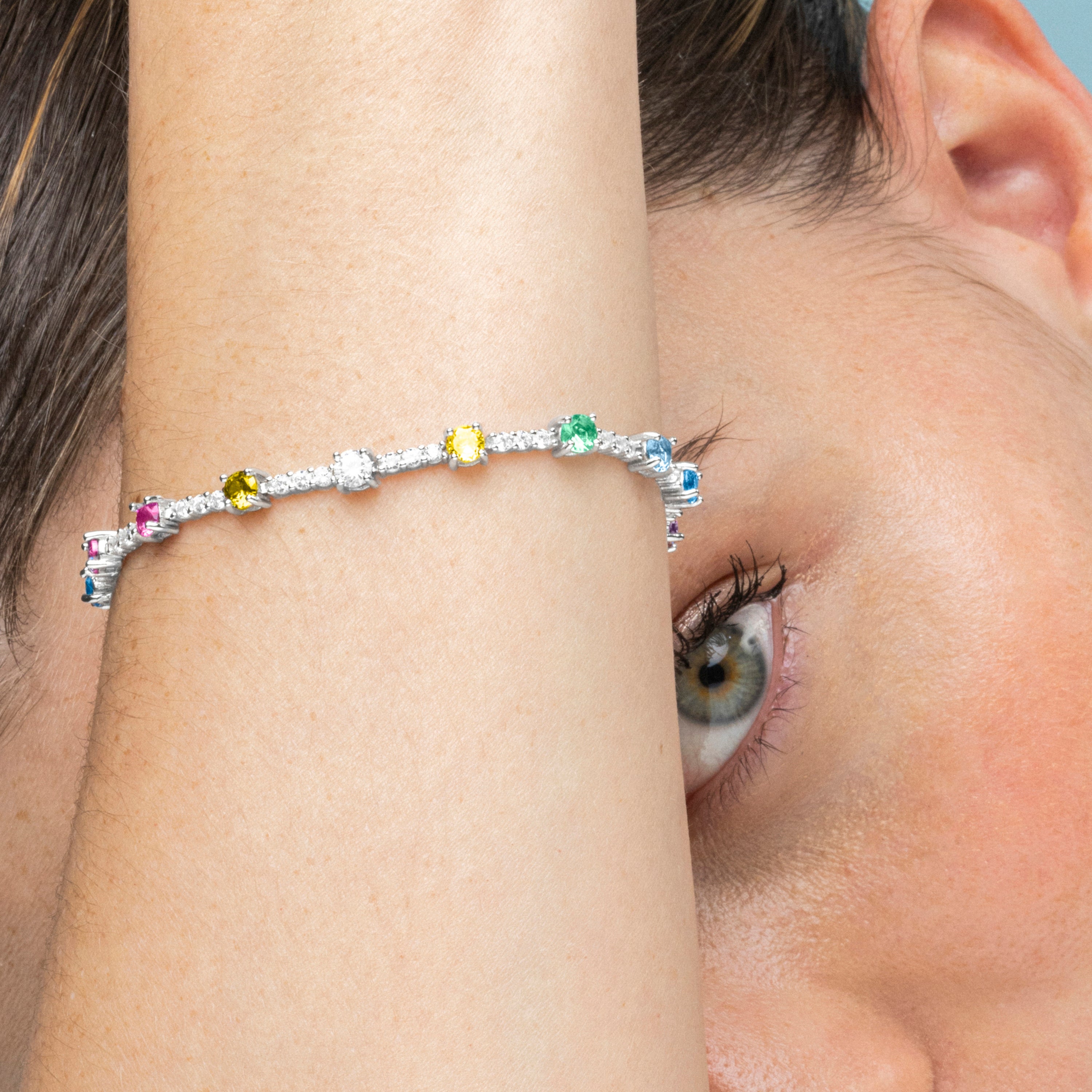925 Sterling Silver Bracelet with Multicolor Zirconia finished in Rhodium - Kirith