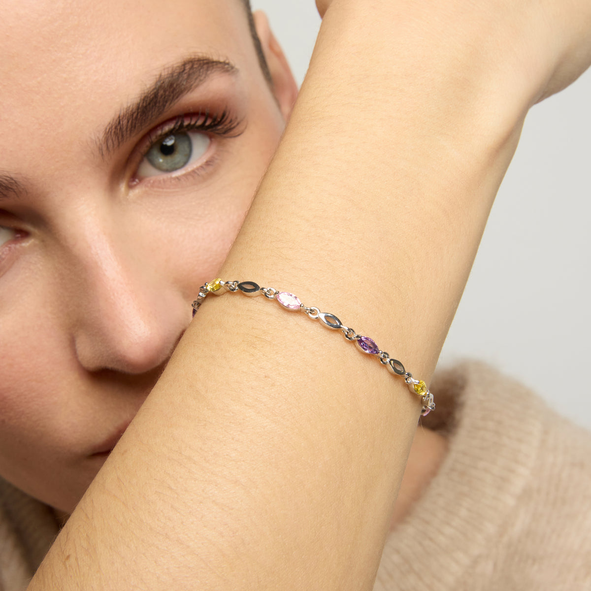 925 Sterling Silver Bracelet with Multicolor Cubic Zirconia finished in 18k Yellow Gold - Imna
