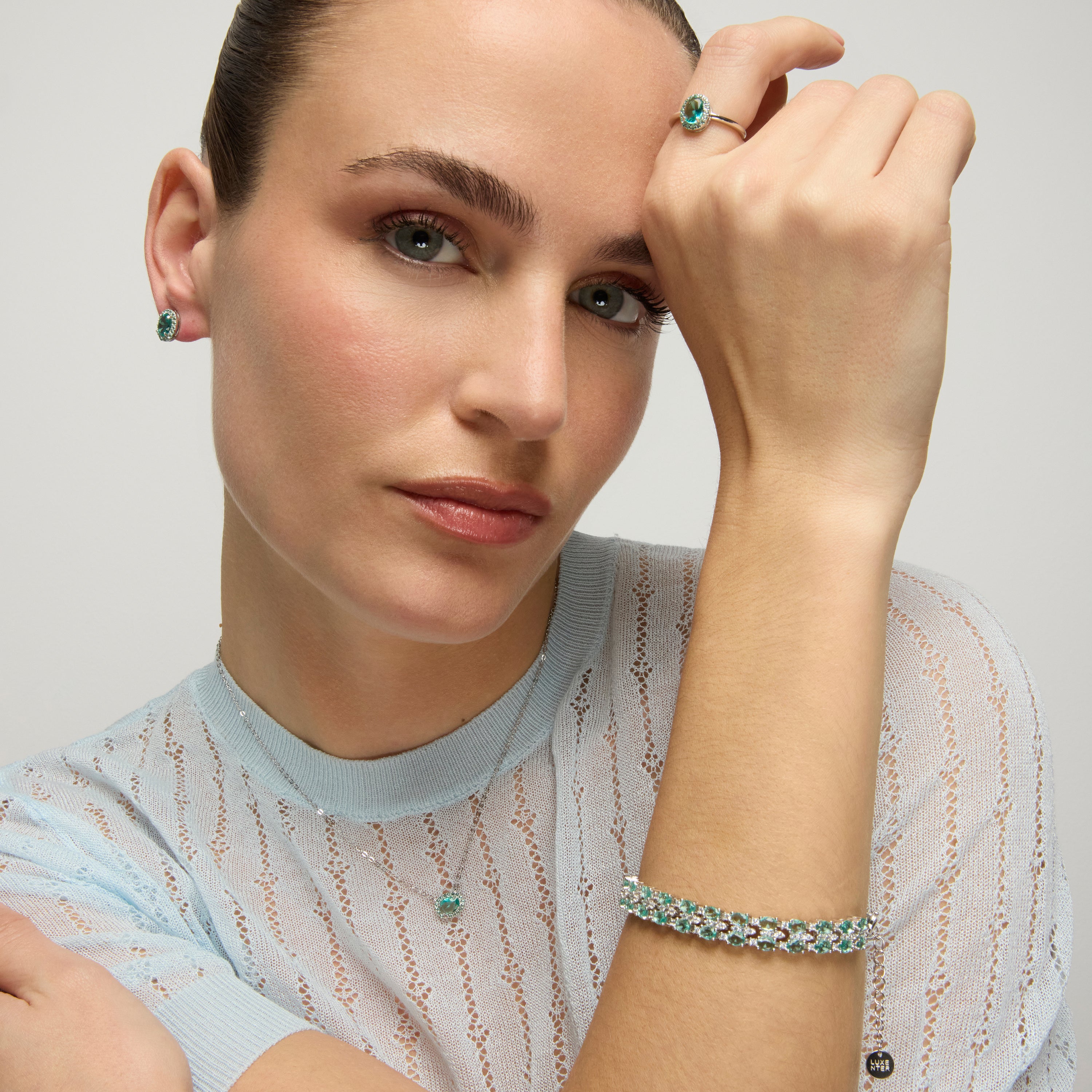 Pulseira de Prata de Lei 925 e Quartzo Hidrotermal Verde Paraíba acabamento ródio - Zekme