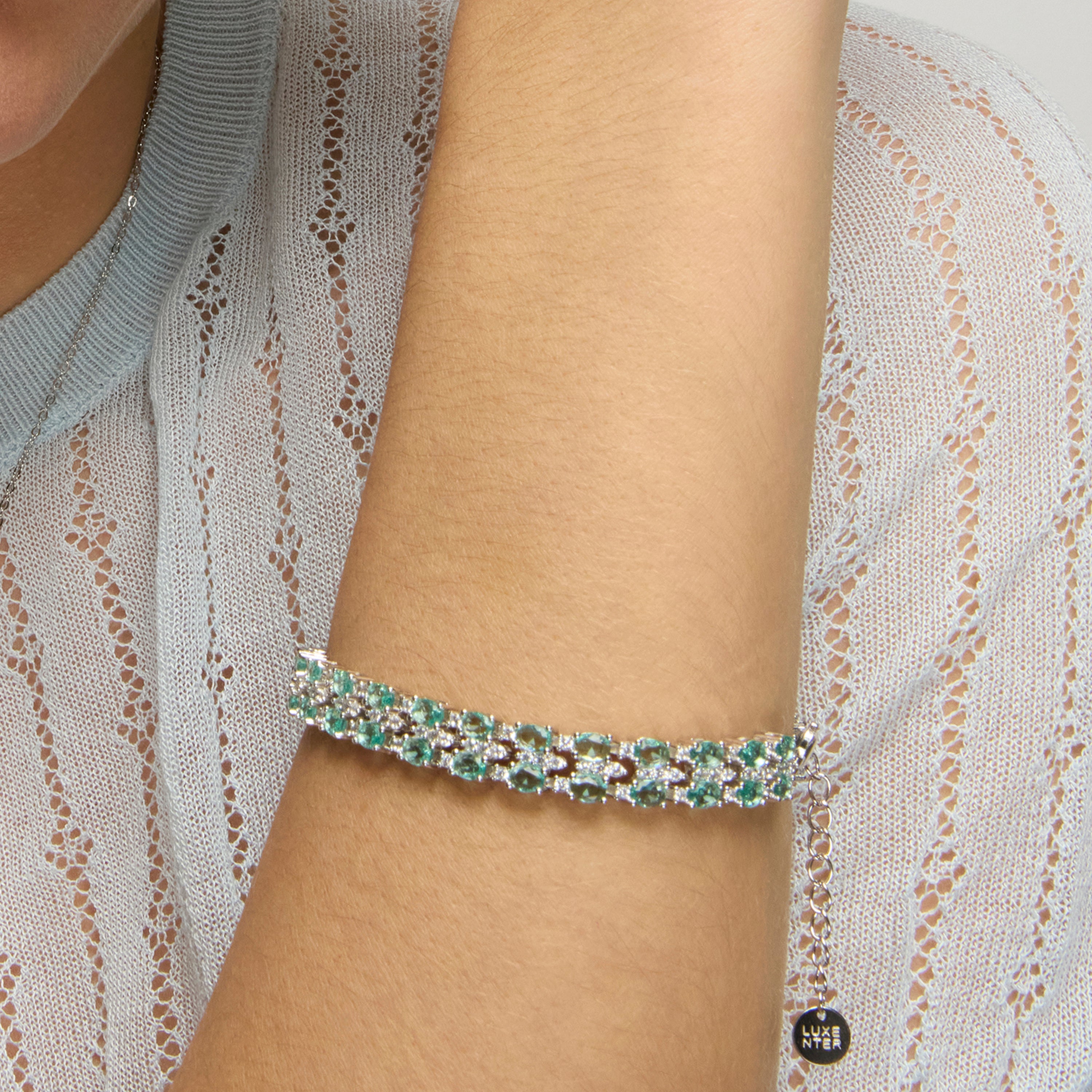 Pulsera de Plata de Ley 925 y Cuarzo Hidrotermal Verde Paraiba acabado rodio - Zekme
