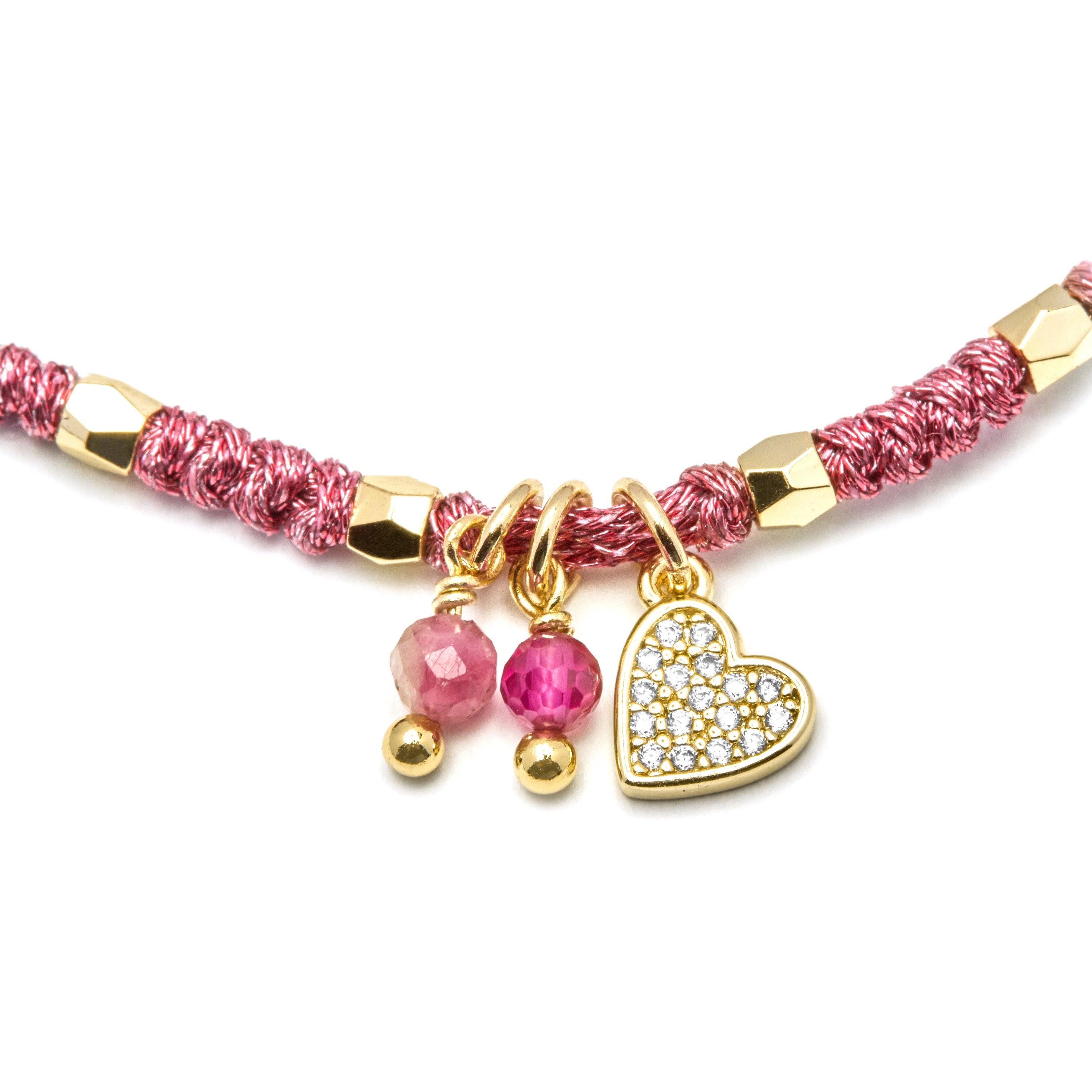 Pulseira de Prata de Lei 925 e Cristal Rosa acabada em ouro amarelo 18K - Coração