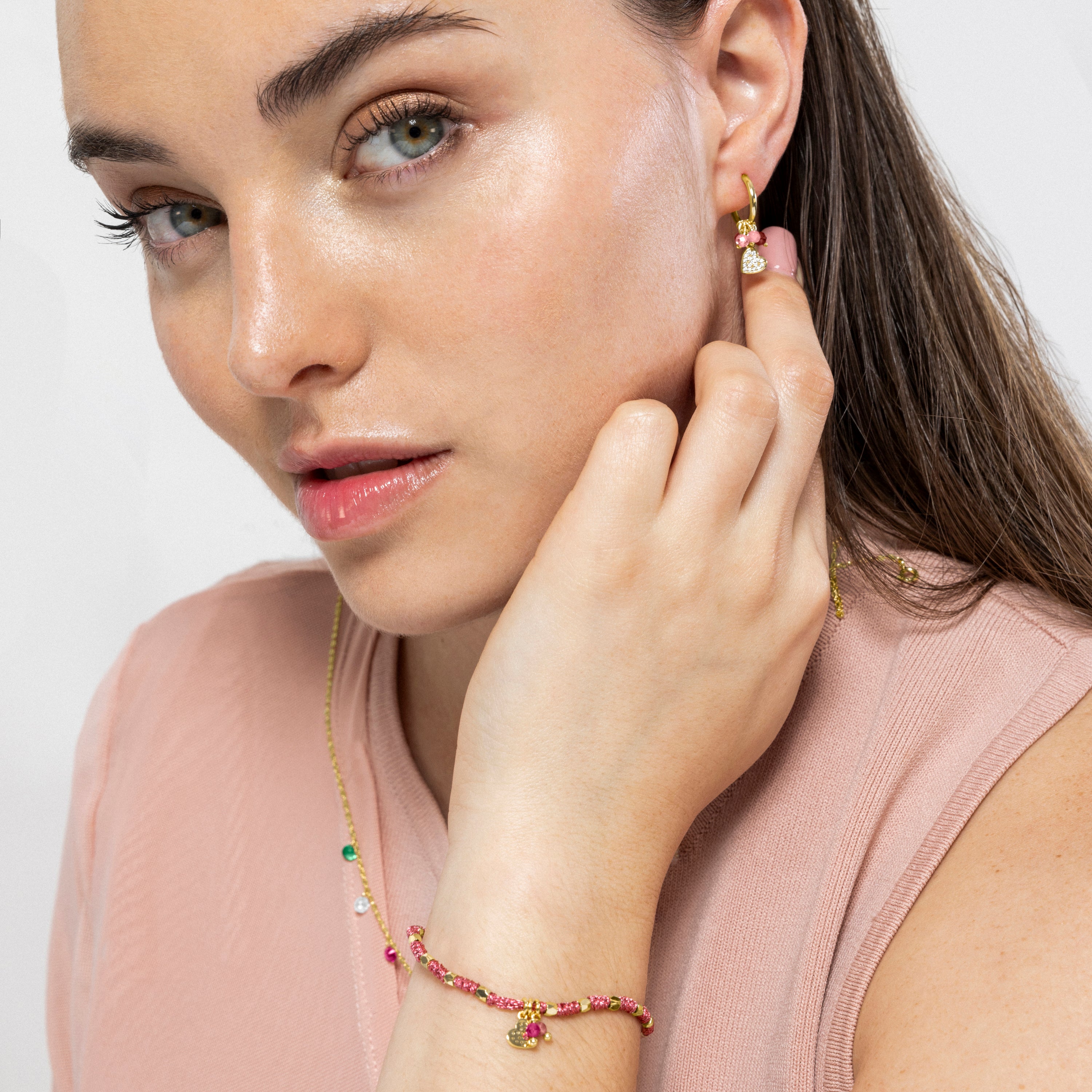 Pulseira de Prata de Lei 925 e Cristal Rosa acabada em ouro amarelo 18K - Coração