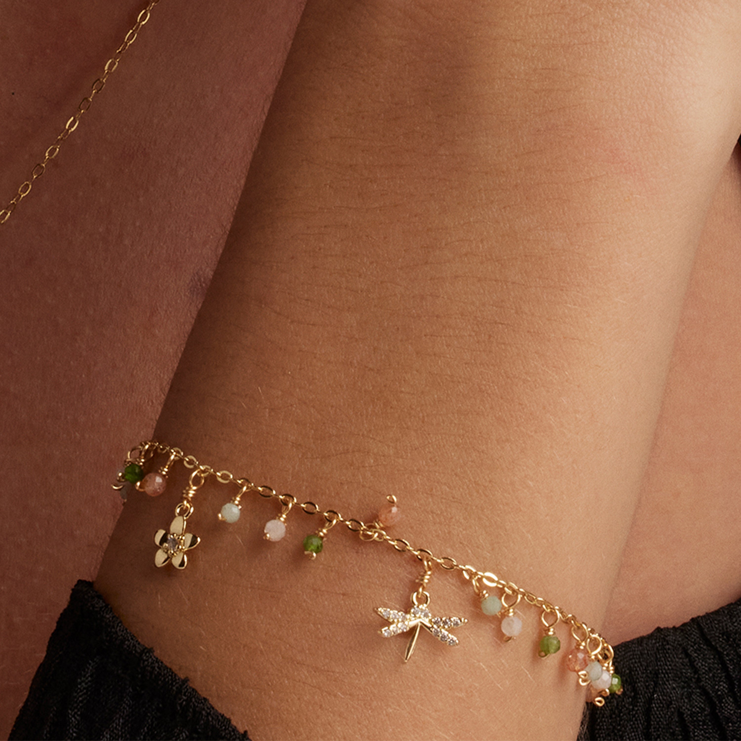 925er Silberarmband mit grünem Kristall, vergoldet mit 18K Gelbgold - Lok