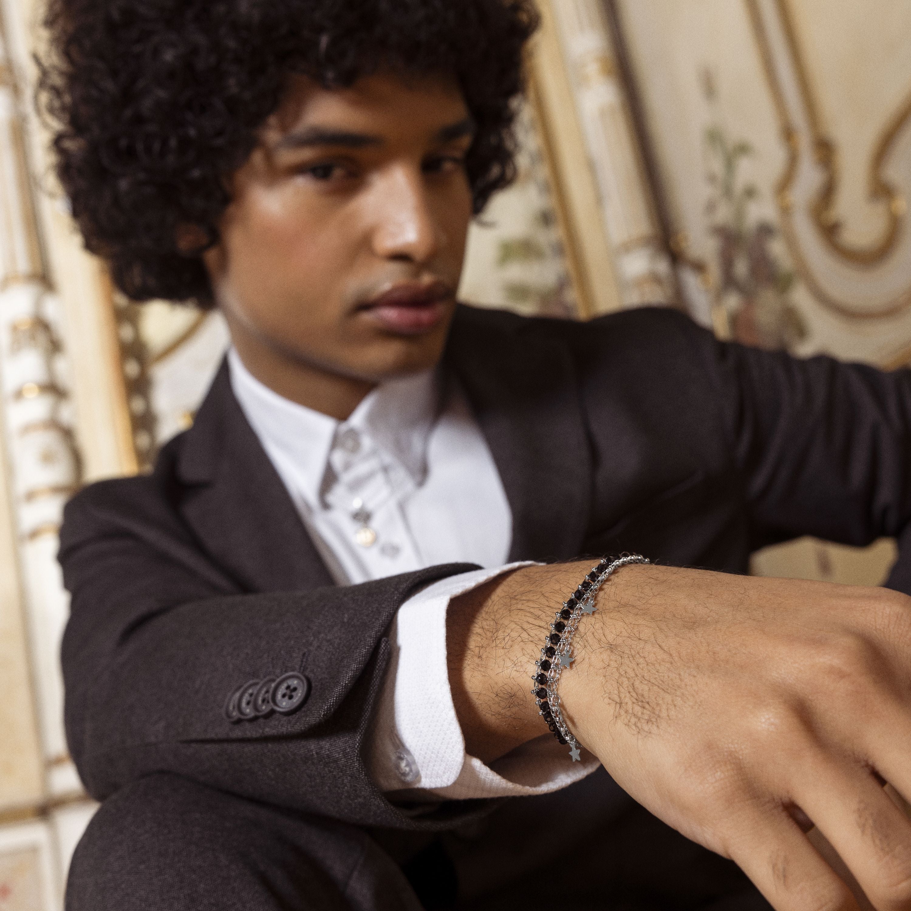 925er Sterlingsilberarmband mit schwarzem Kristall, rhodiniert - Lailai