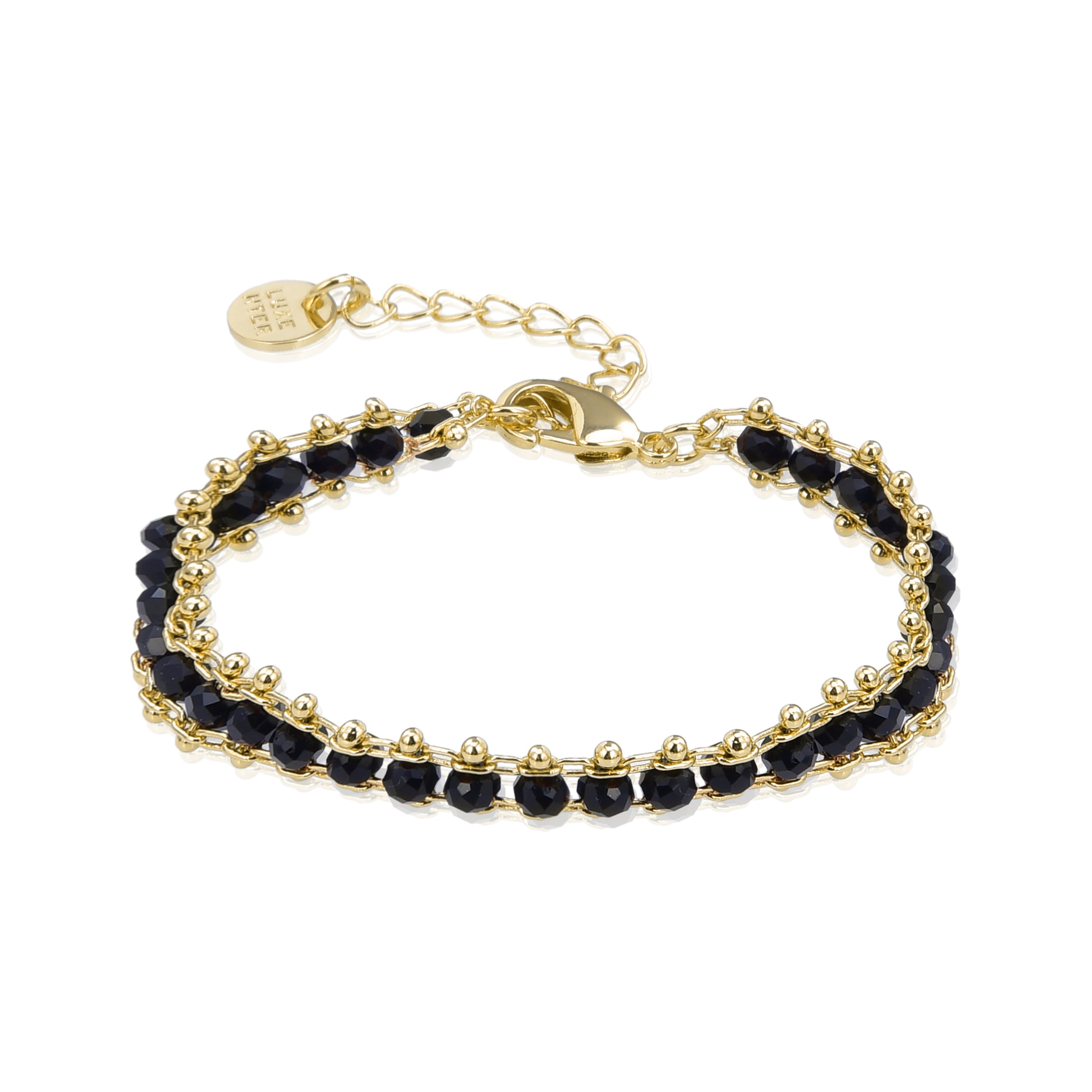 Pulseira de Prata de Lei 925 com Cristal Preto acabada em ouro amarelo 18K - Lailai