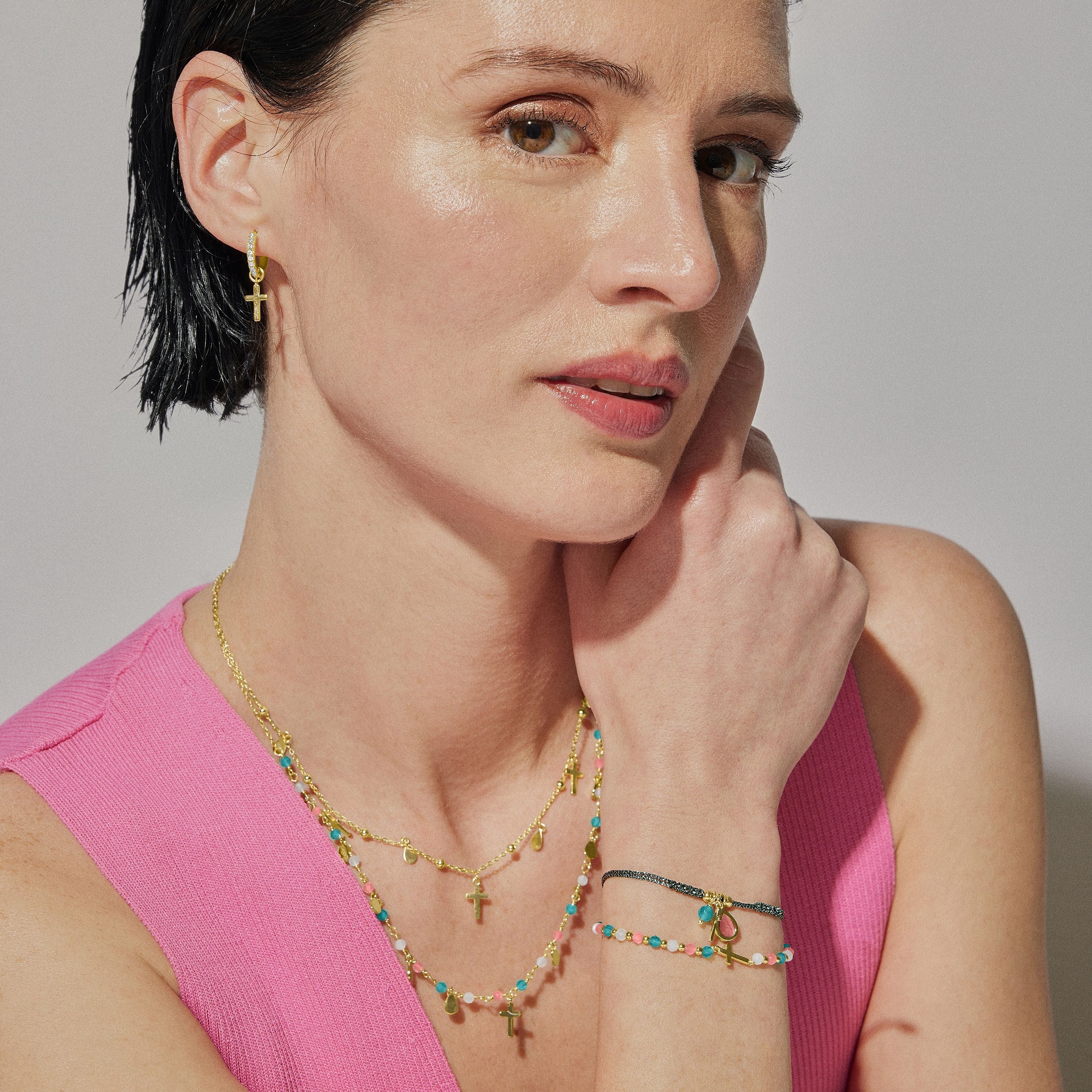 Pulseira de Prata de Lei 925 com Zircónia Rosa acabada em ouro amarelo 18K - Yazu