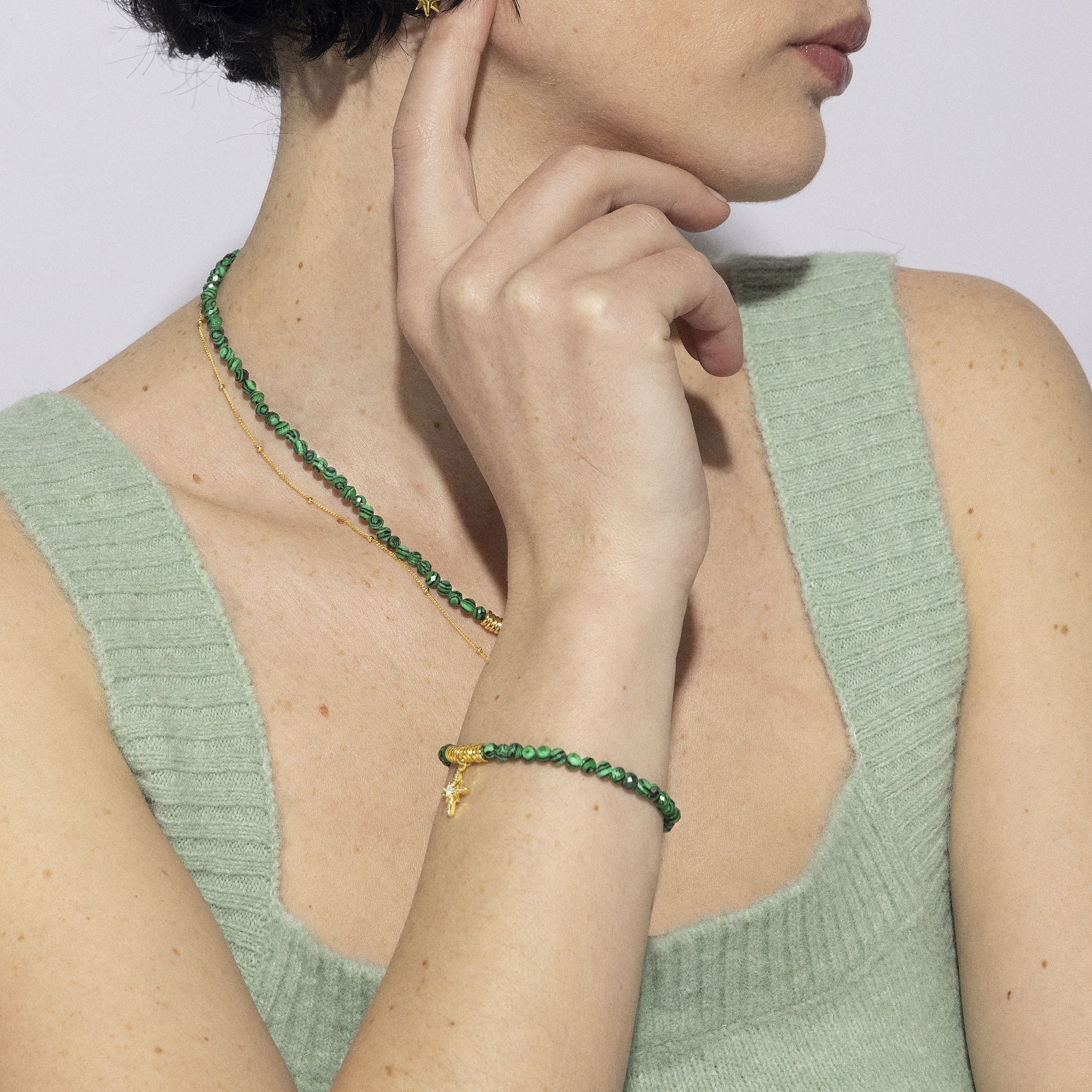 Bracciale in Argento Sterling 925 con Malachite rifinito in oro giallo 18K - Locare
