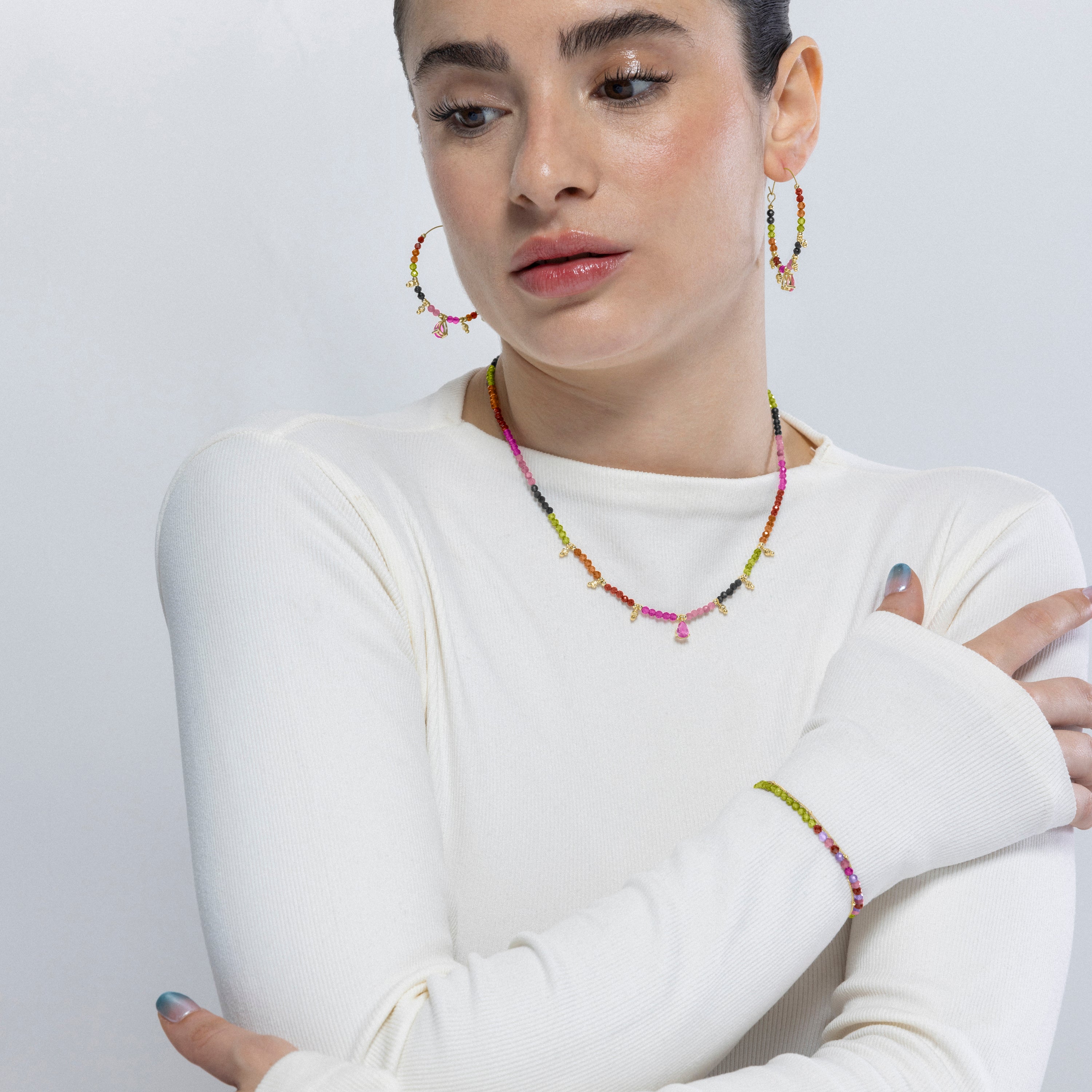 Bracelet en argent sterling 925 avec préhnite fini en or jaune 18K - Neros