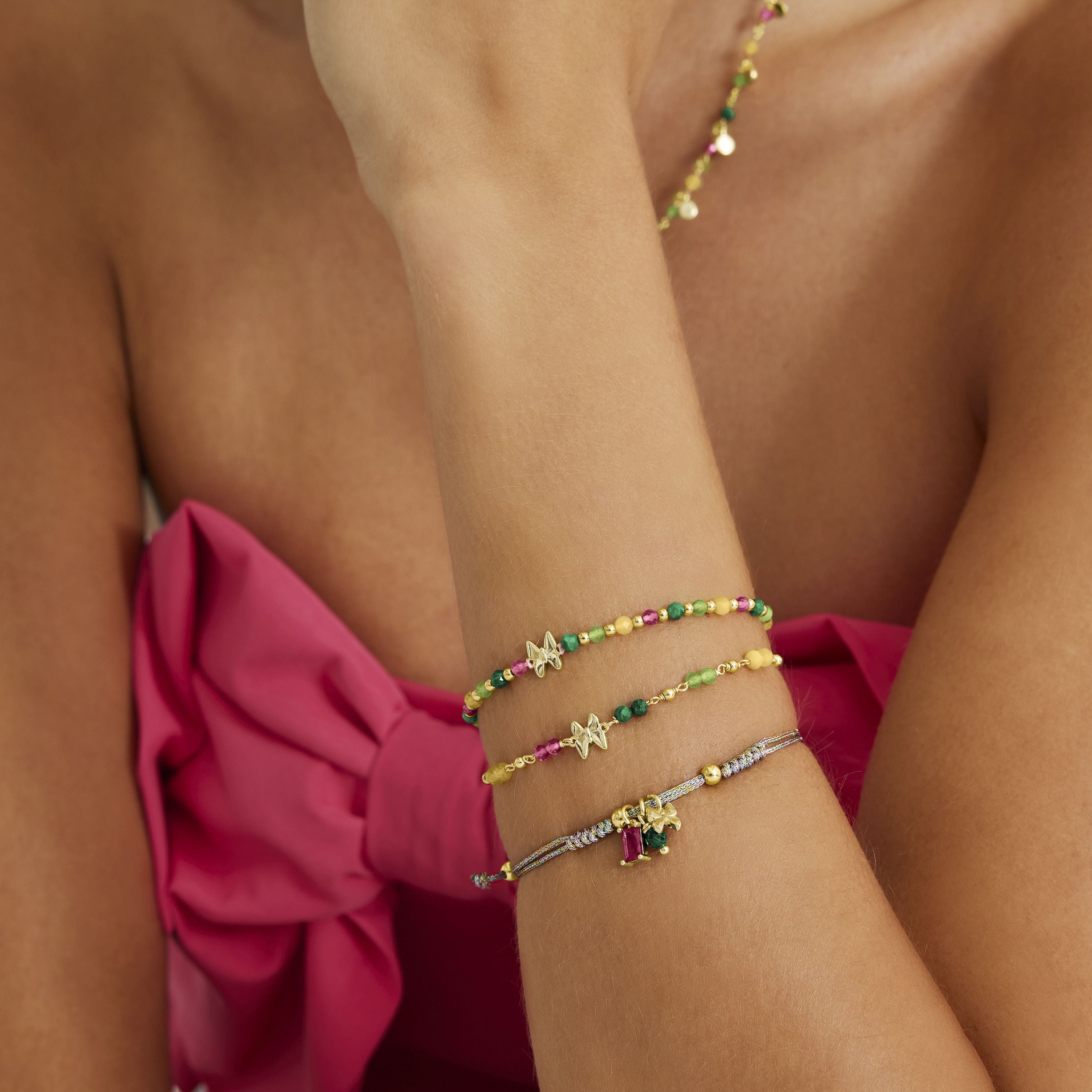 Bracelet en argent sterling 925 avec cristal vert fini en or jaune 18K - Papillon