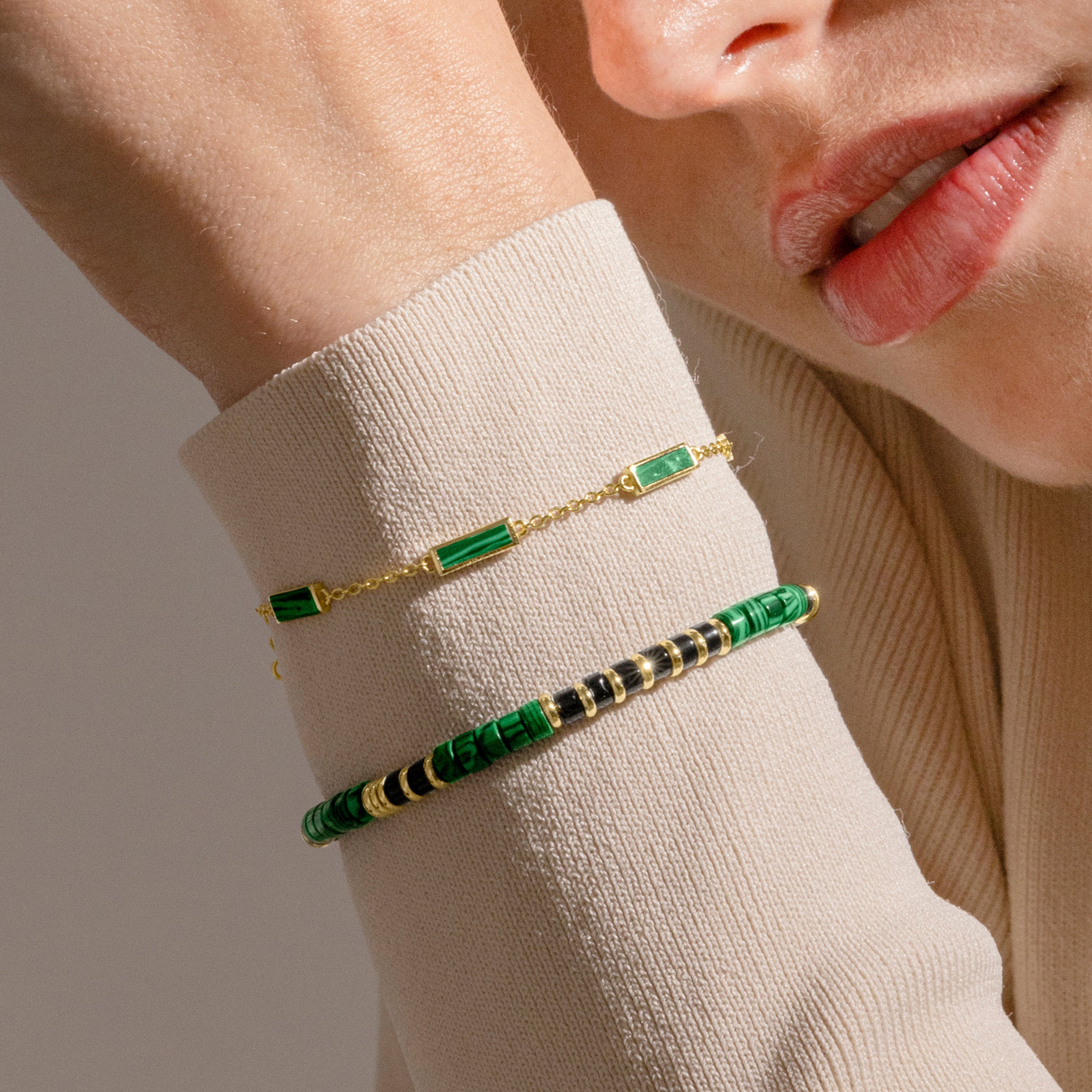925er Silberarmband mit Malachit und 18k Goldfinish - Ilmina