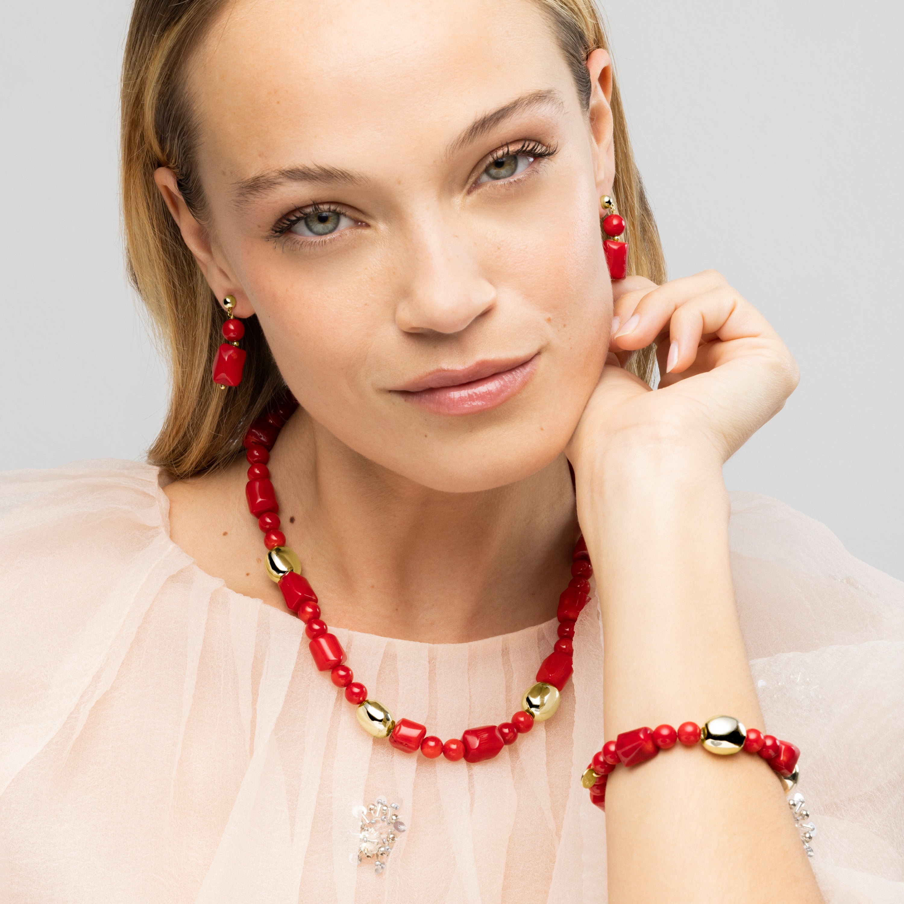 925 Sterling Silver Bracelet and Coral with 18k Yellow Gold Finish Caheart