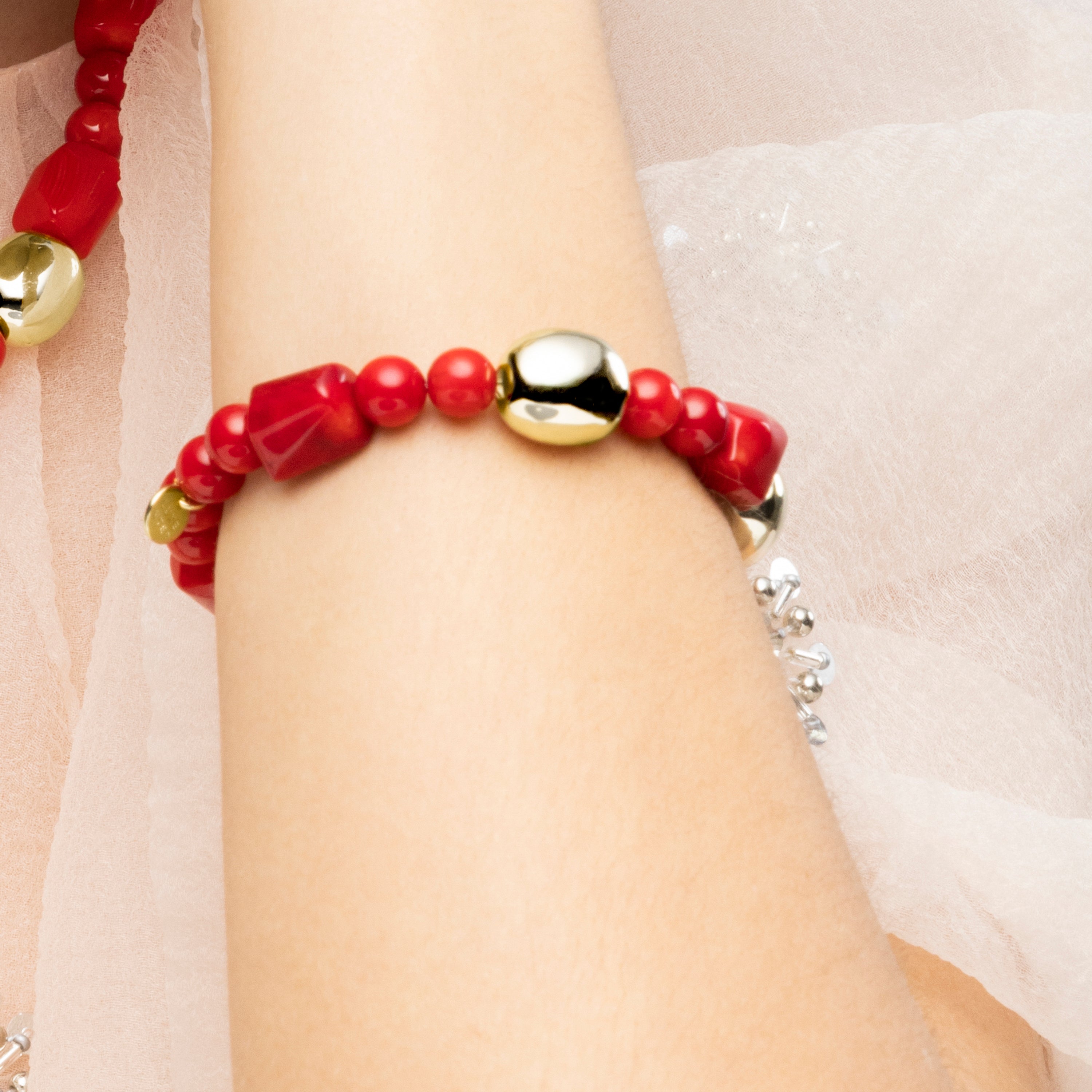 925 Sterling Silver Bracelet and Coral with 18k Yellow Gold Finish Caheart