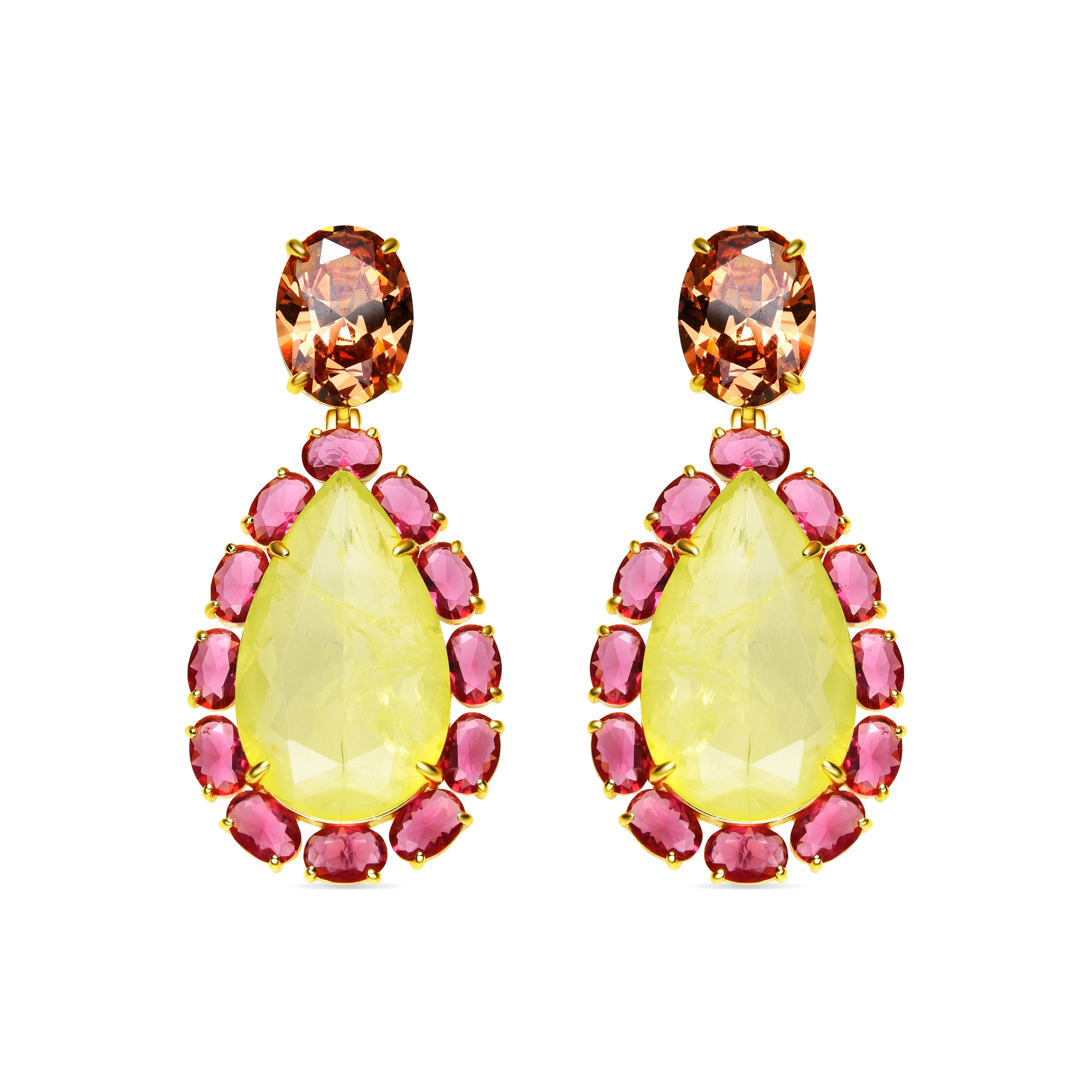 Brincos de Prata de Lei 925 e Quartzo Hidrotermal Multicolor com acabamento em ouro 18k - Thorka