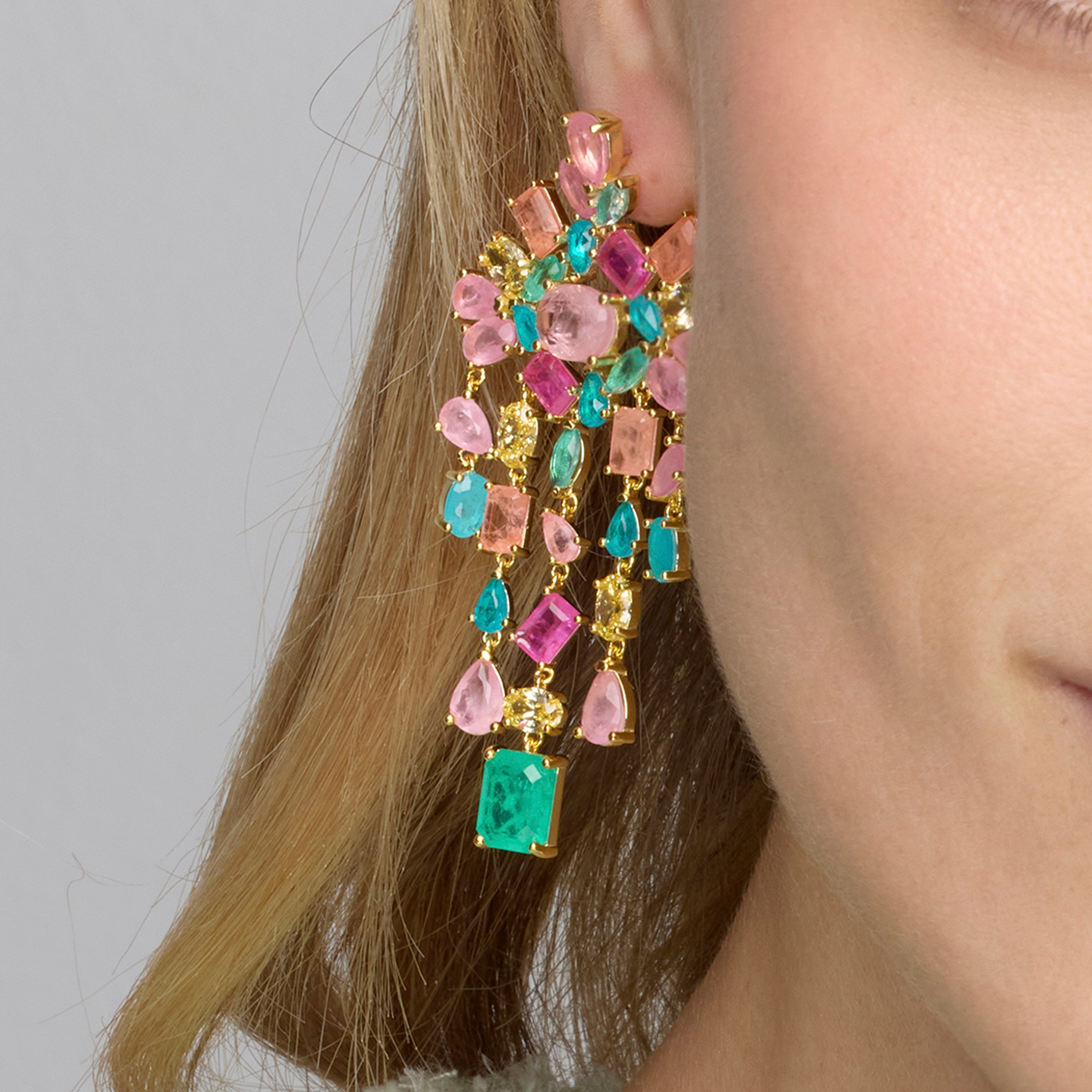 Pendientes de Plata de Ley 925 y Cuarzo Hidrotermal Multicolor acabado oro amarillo de 18k - Pangha