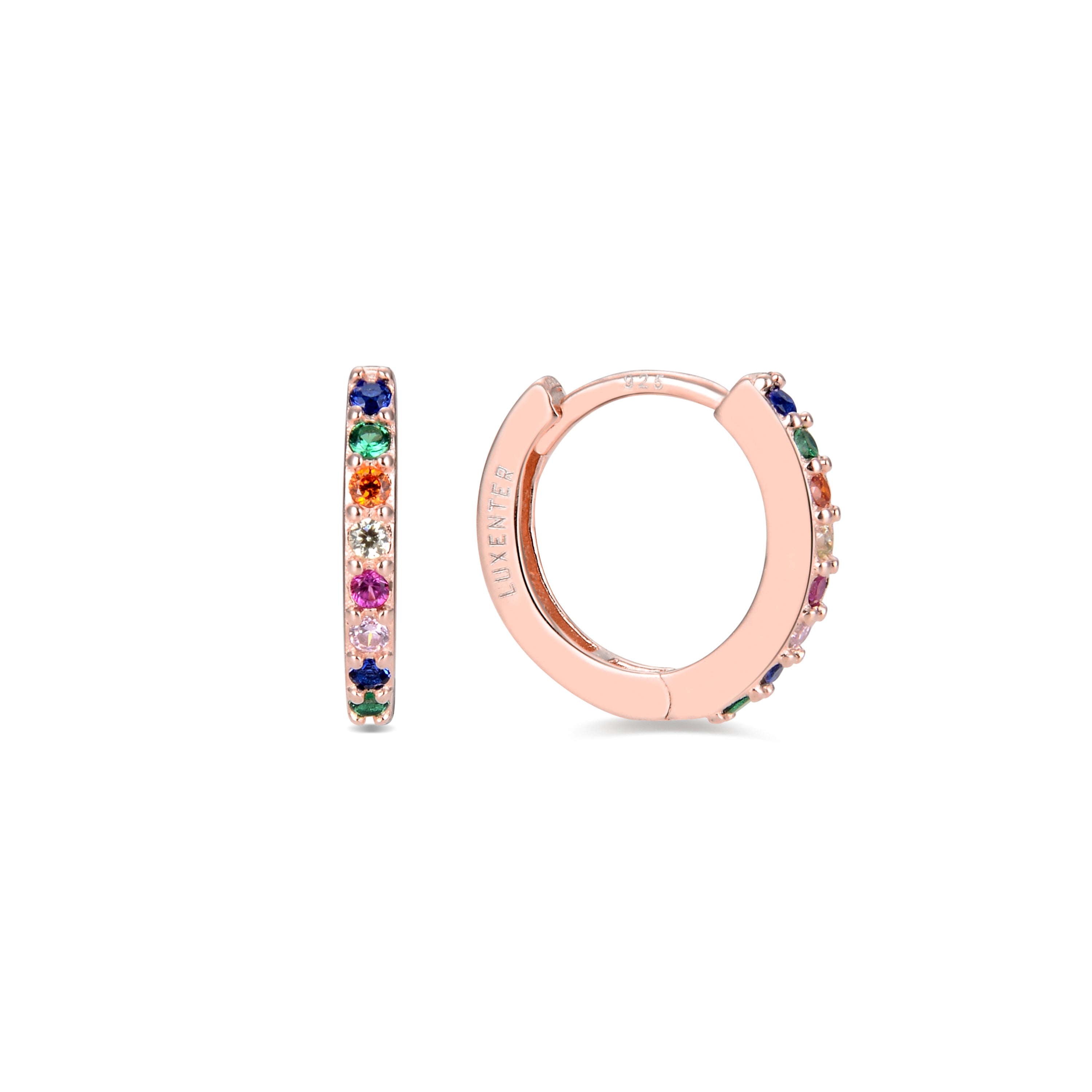 Brincos de 10mm em Prata de Lei 925 com Zircónia Multicolor acabados em ouro rosa de 18K - Valarys