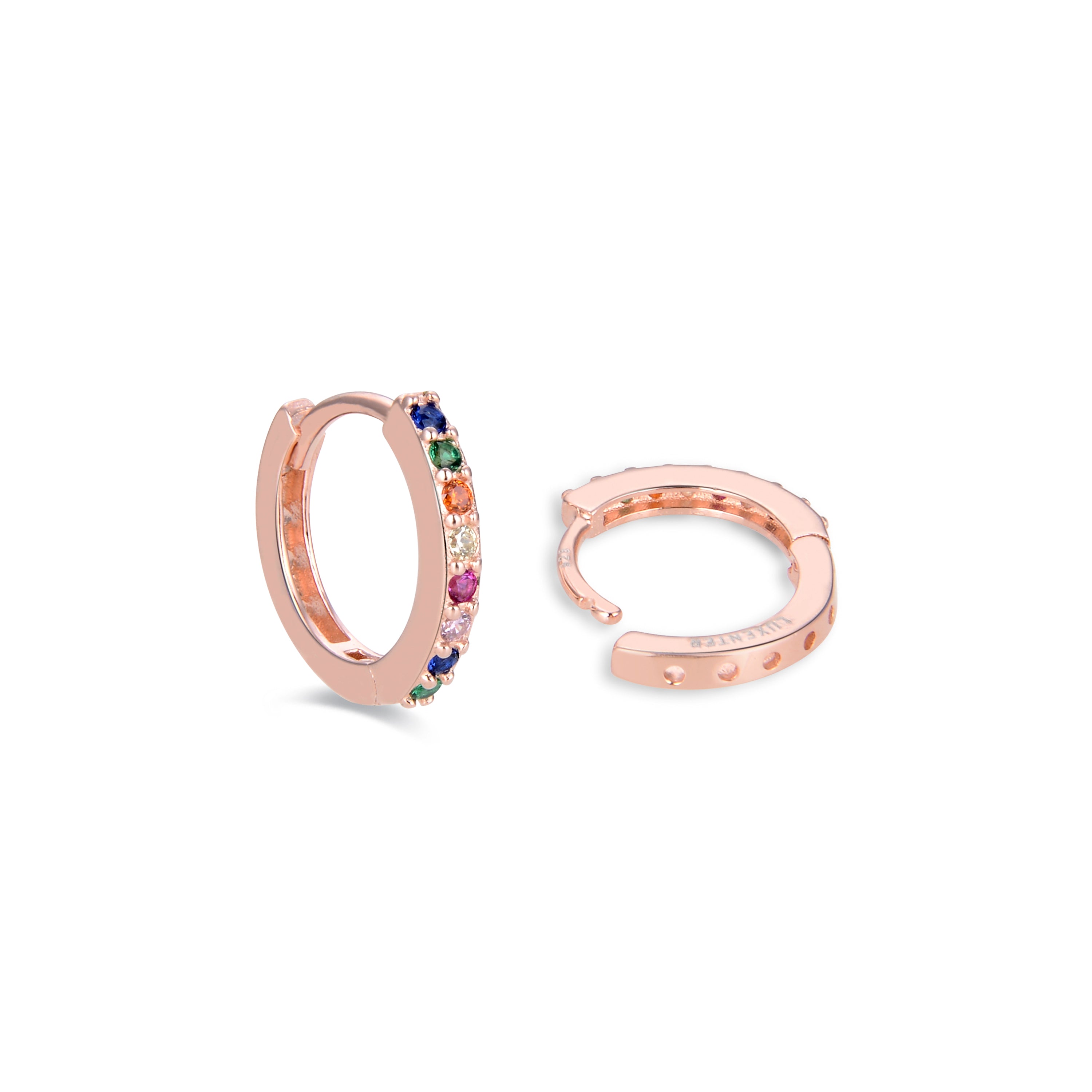 Brincos de 10mm em Prata de Lei 925 com Zircónia Multicolor acabados em ouro rosa de 18K - Valarys