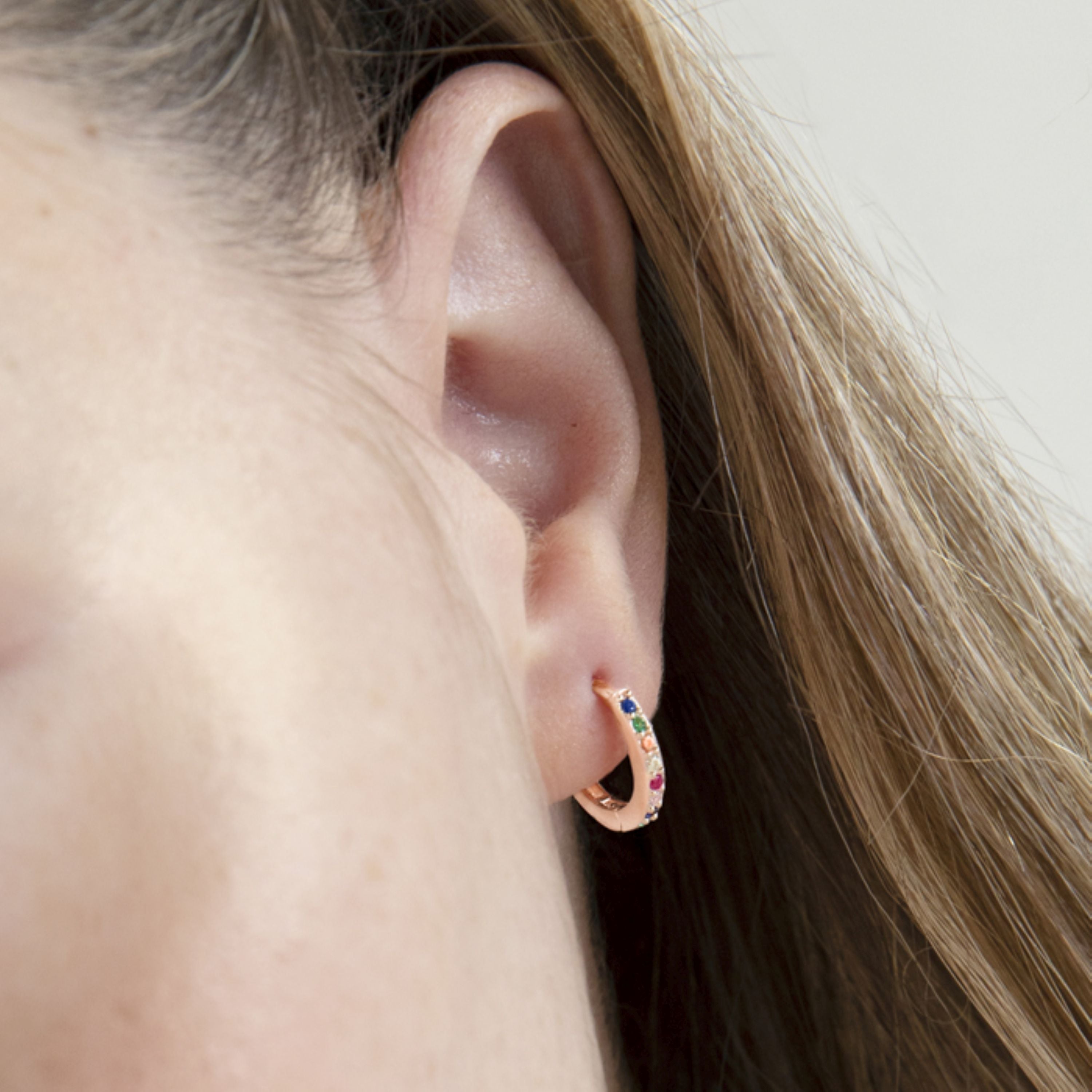 Brincos de 10mm em Prata de Lei 925 com Zircónia Multicolor acabados em ouro rosa de 18K - Valarys