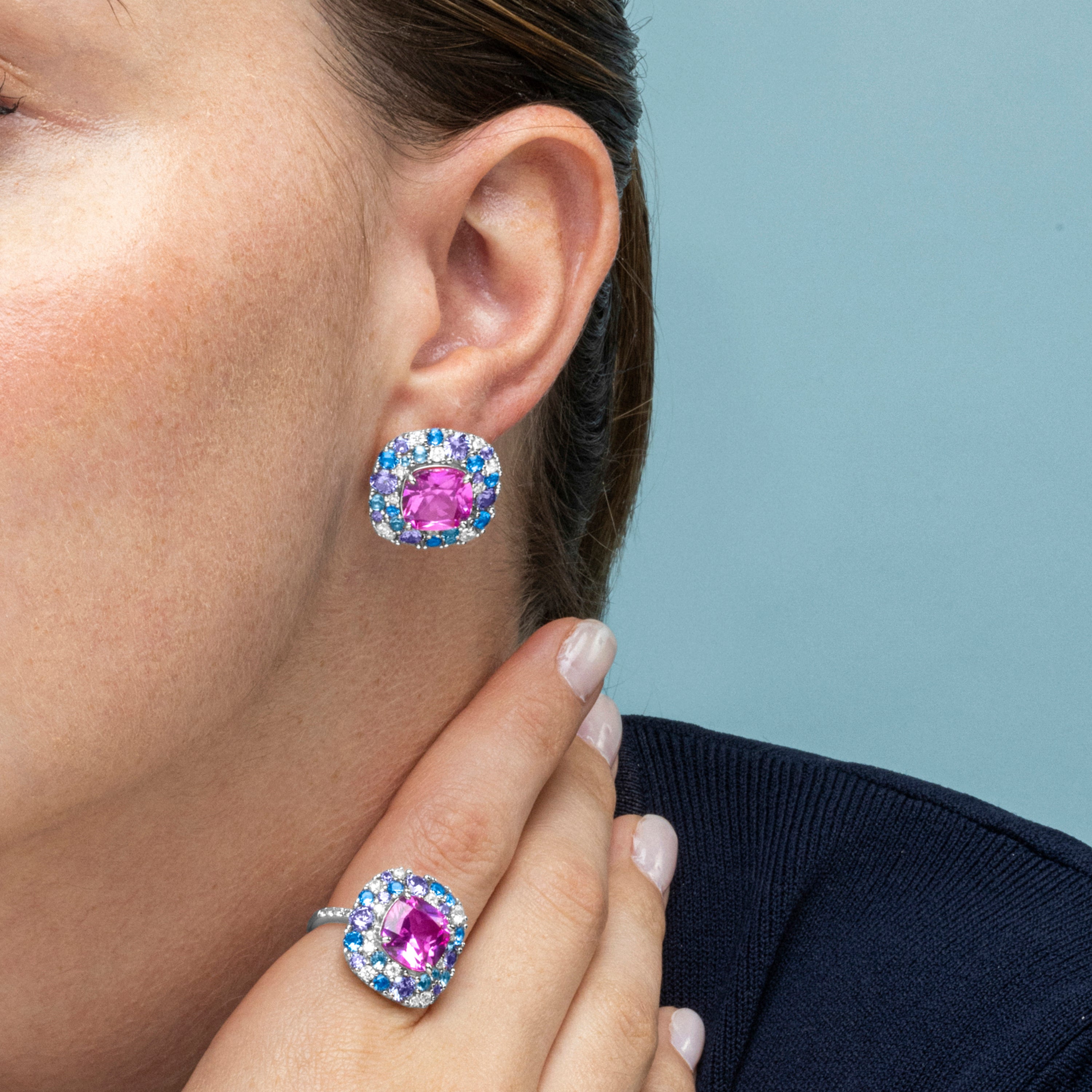 925 Sterling Silver Earrings with Multicolor Cubic Zirconia finished in Rhodium - Uxre