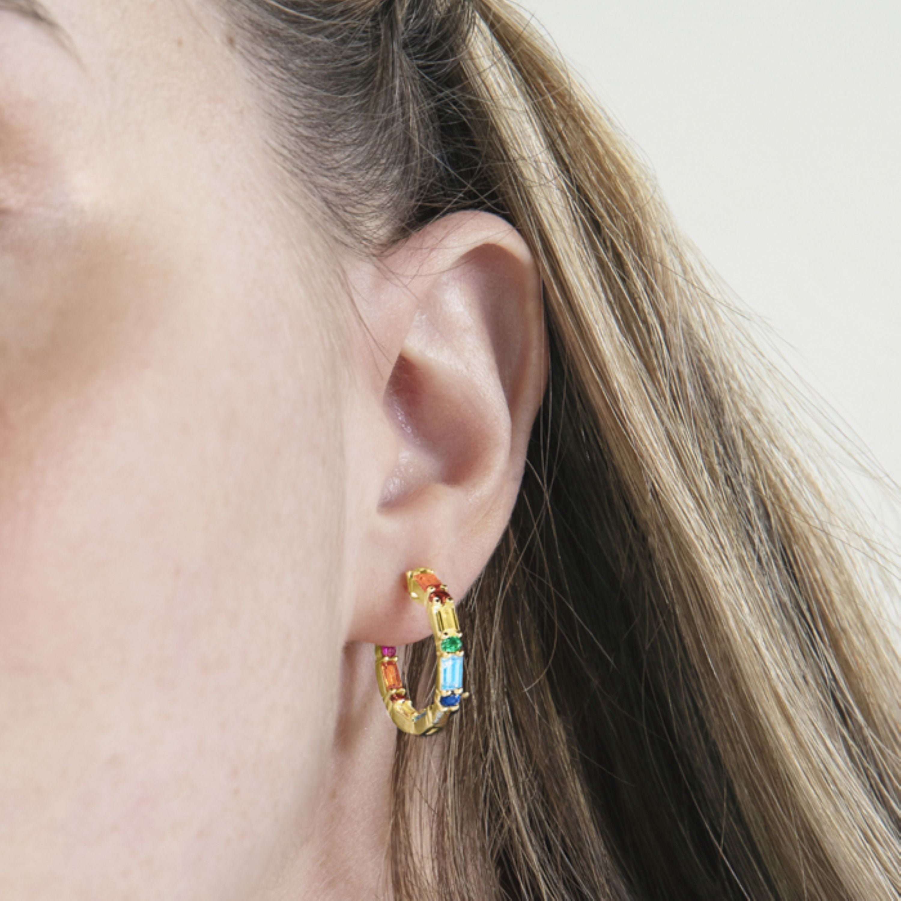 Boucles d'oreilles en argent sterling 925 avec zircon multicolore finition or jaune 18K - Elac