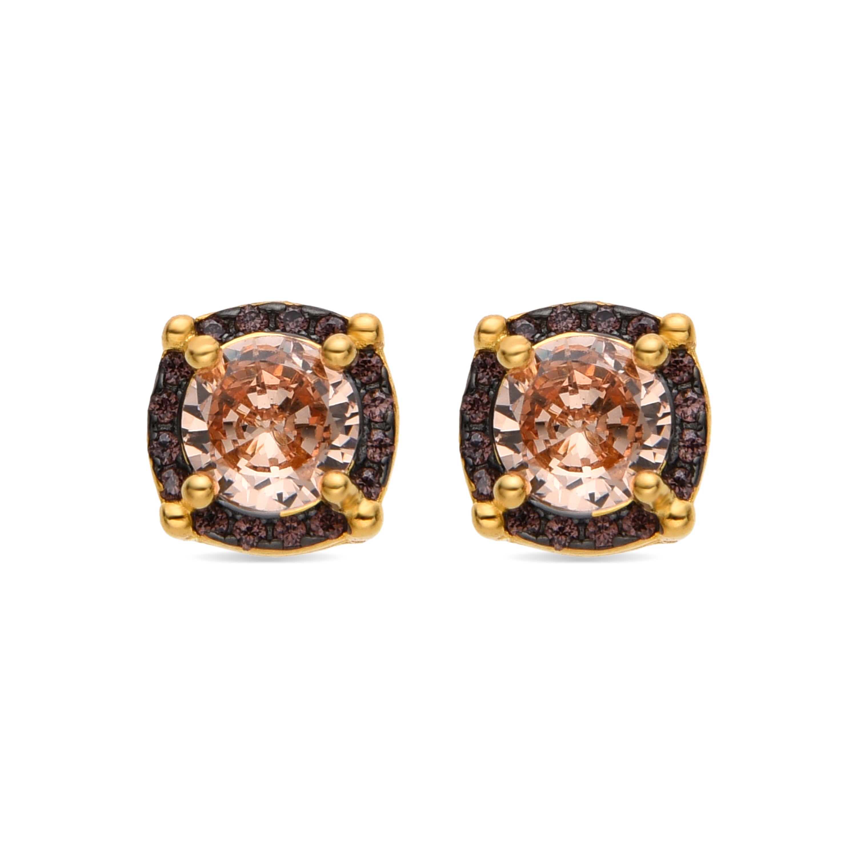 925 Sterling Silver Earrings with Brown Cubic Zirconia finished in 18k Gold - Lehak