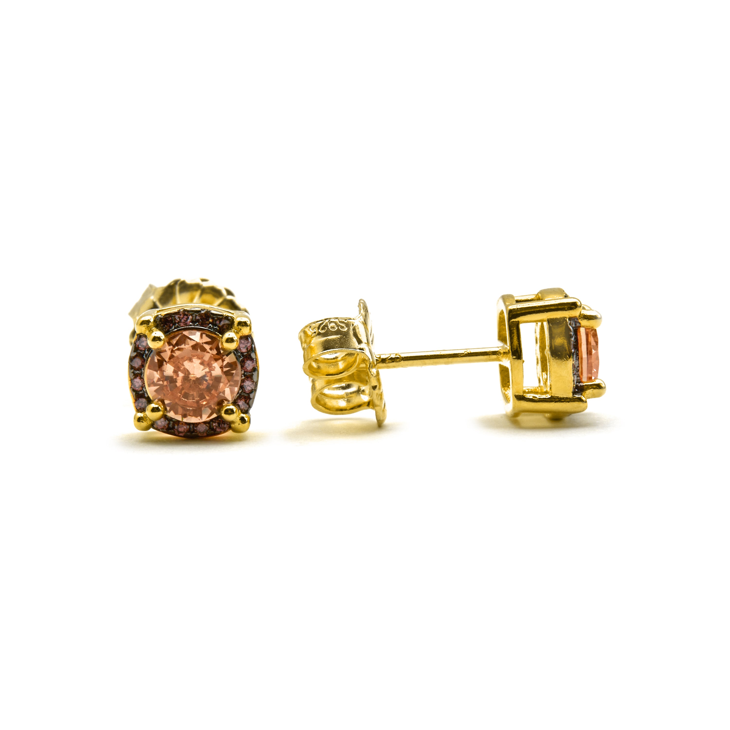 925 Sterling Silver Earrings with Brown Cubic Zirconia finished in 18k Gold - Lehak