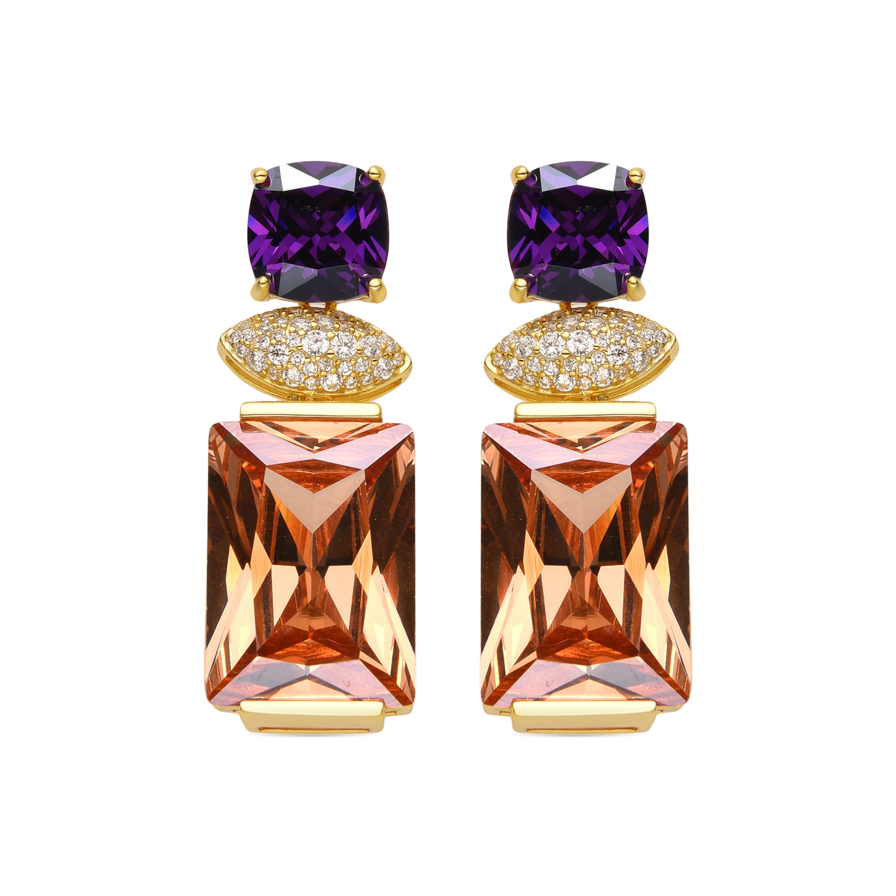 925 Sterling Silver Earrings with Champagne Zirconia, 18k Gold Finish - Khay