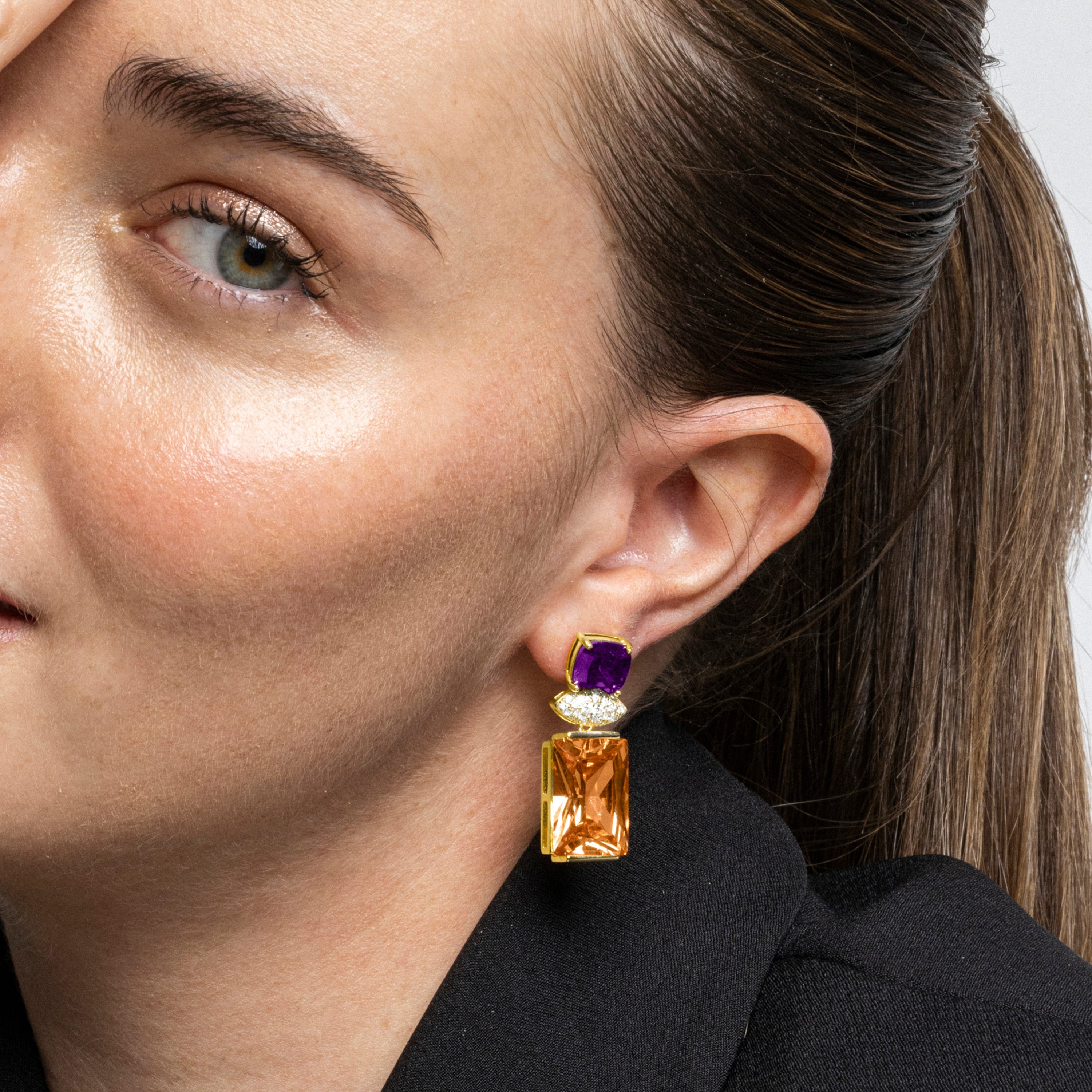 925 Sterling Silver Earrings with Champagne Zirconia, 18k Gold Finish - Khay