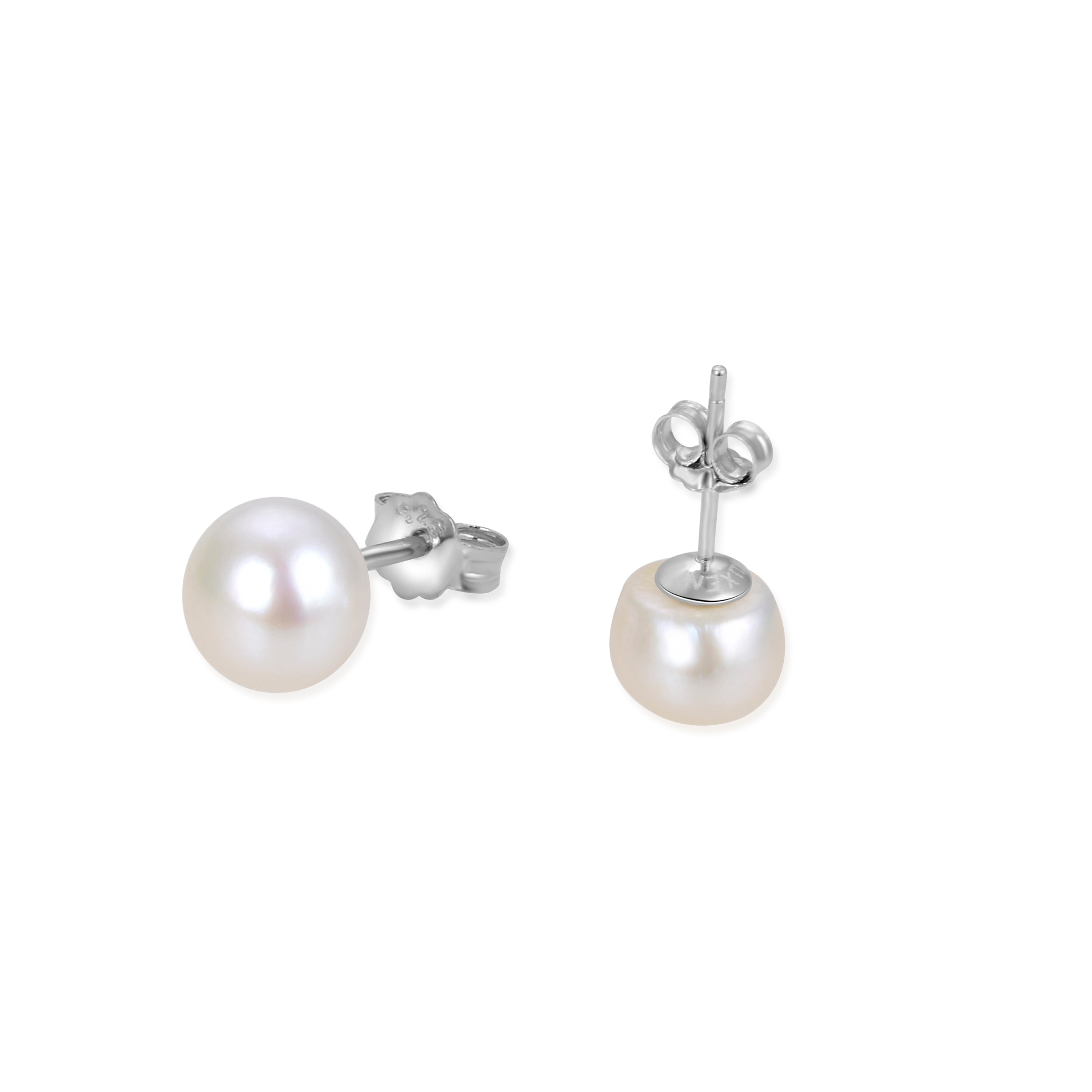 Boucles d'oreilles en argent sterling 925 de 8mm avec perle blanche finition rhodiée - Basique