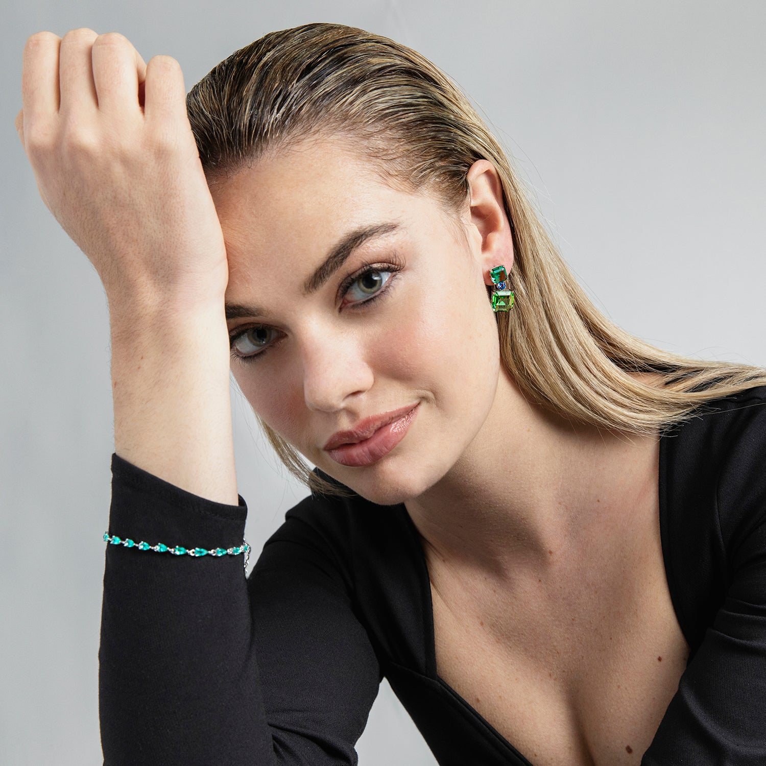 Brincos de Prata de Lei 925 com Quartzo Hidrotermal Verde e Azul acabados em ródio - Losde