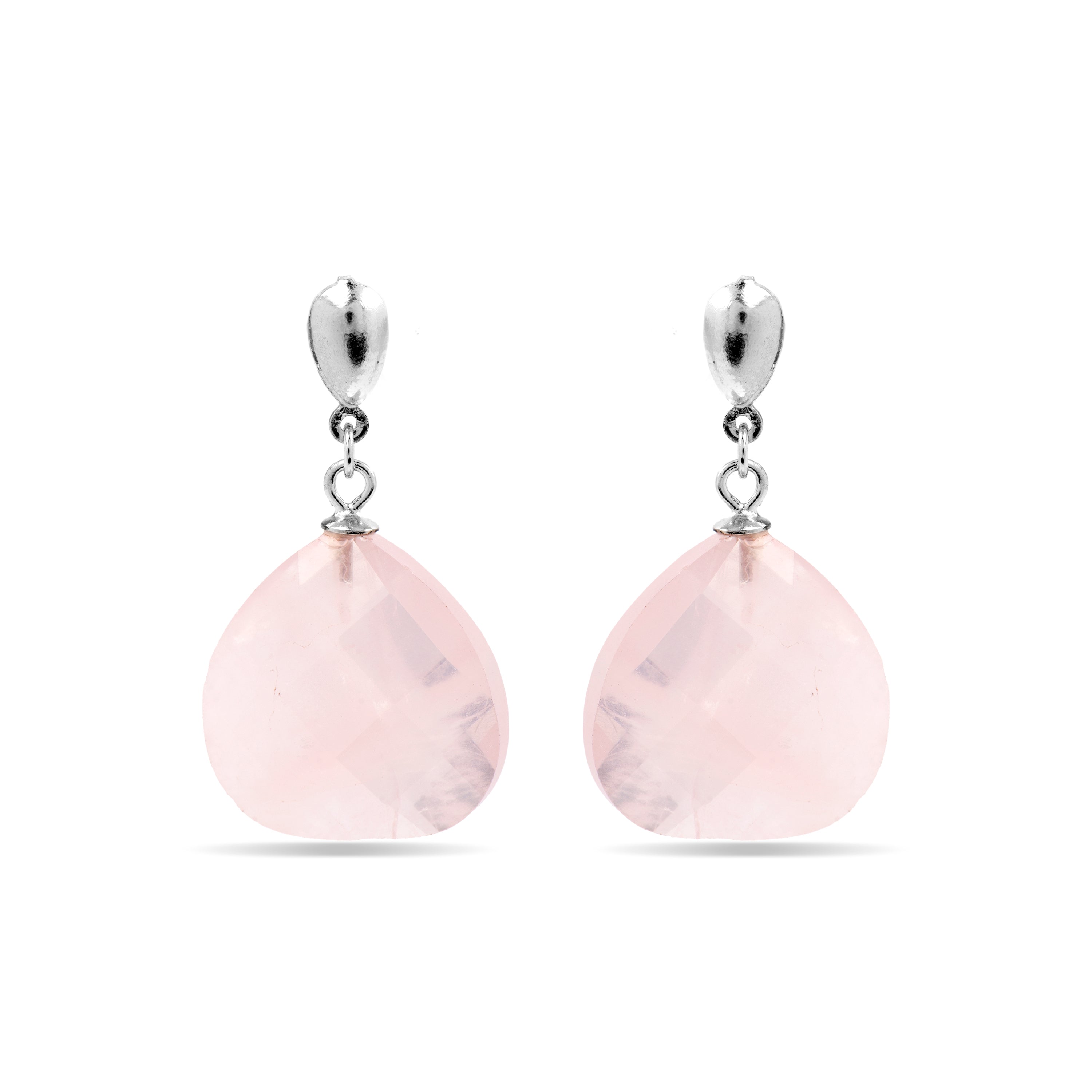 Brincos de Prata de Lei 925 com Quartzo Rosa acabados em ródio - Zoqoyi