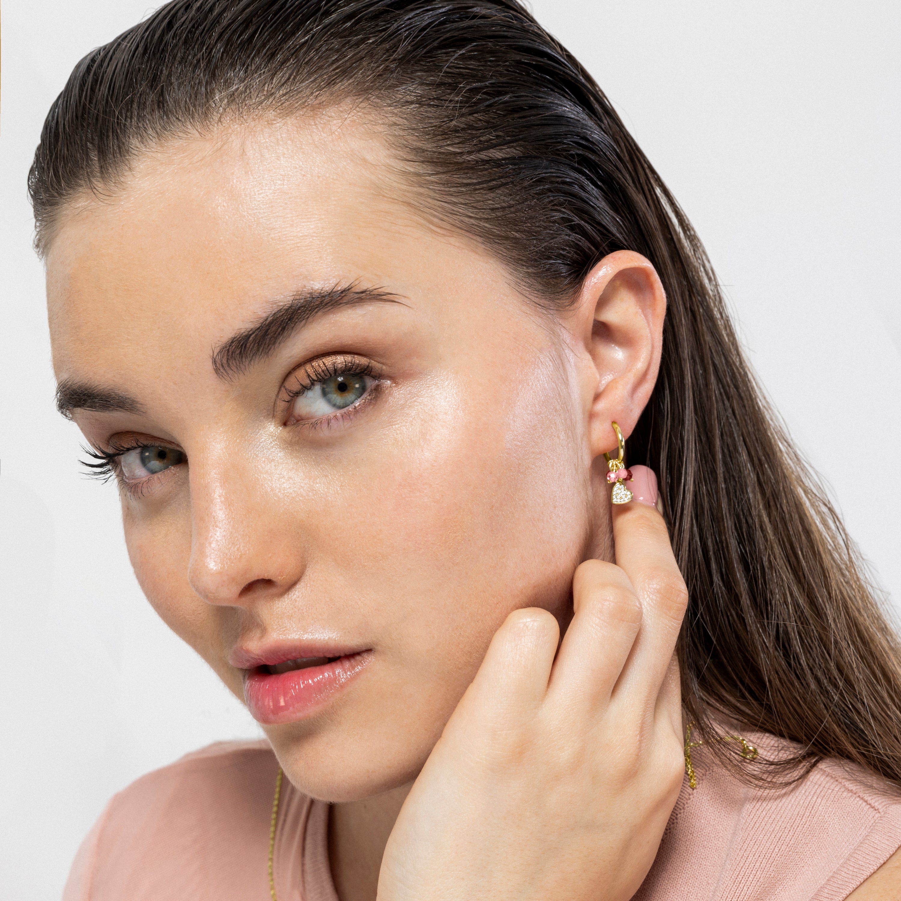 Boucles d'oreilles en argent sterling 925 et cristal rose finition or jaune 18k - Cœur