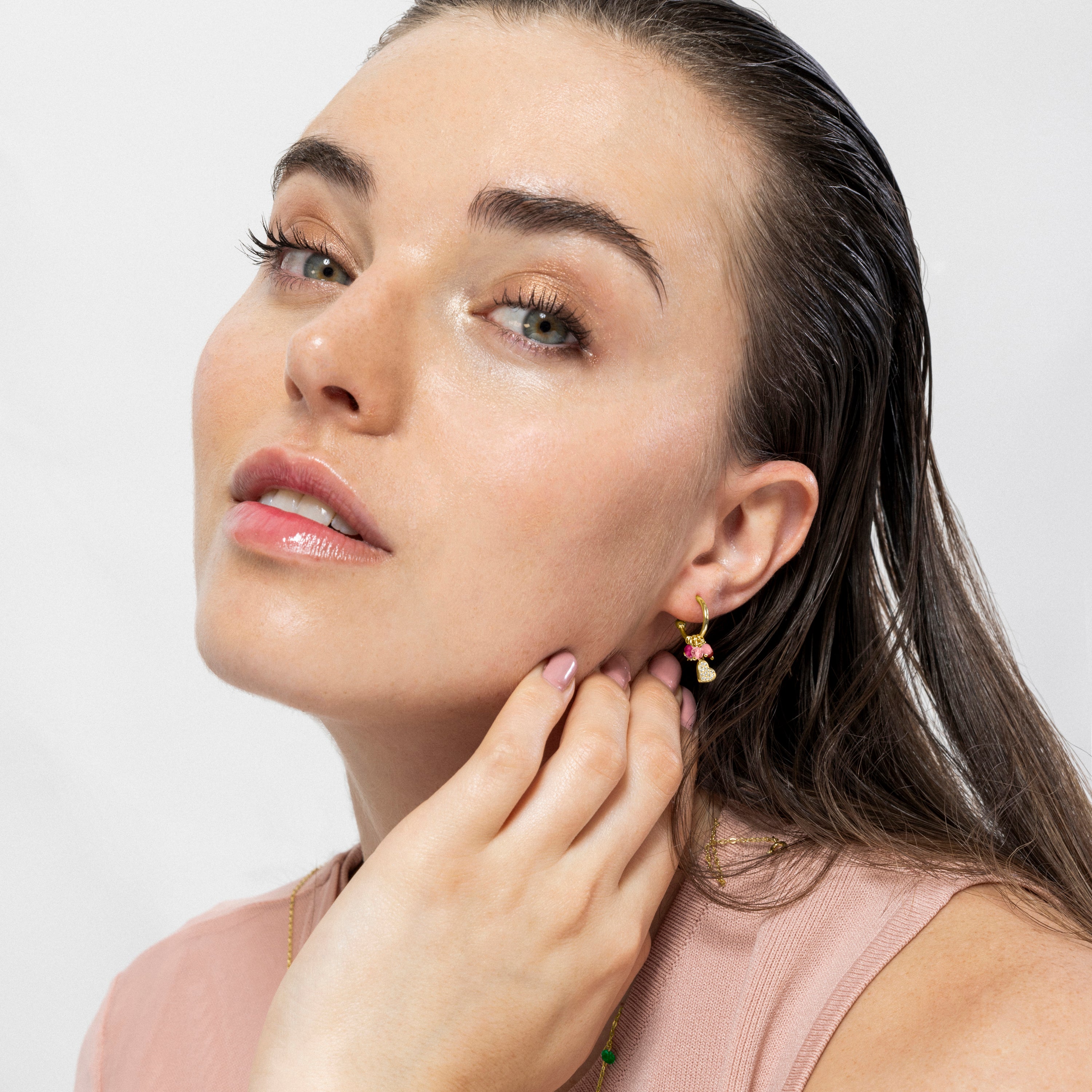 Boucles d'oreilles en argent sterling 925 et cristal rose finition or jaune 18k - Cœur