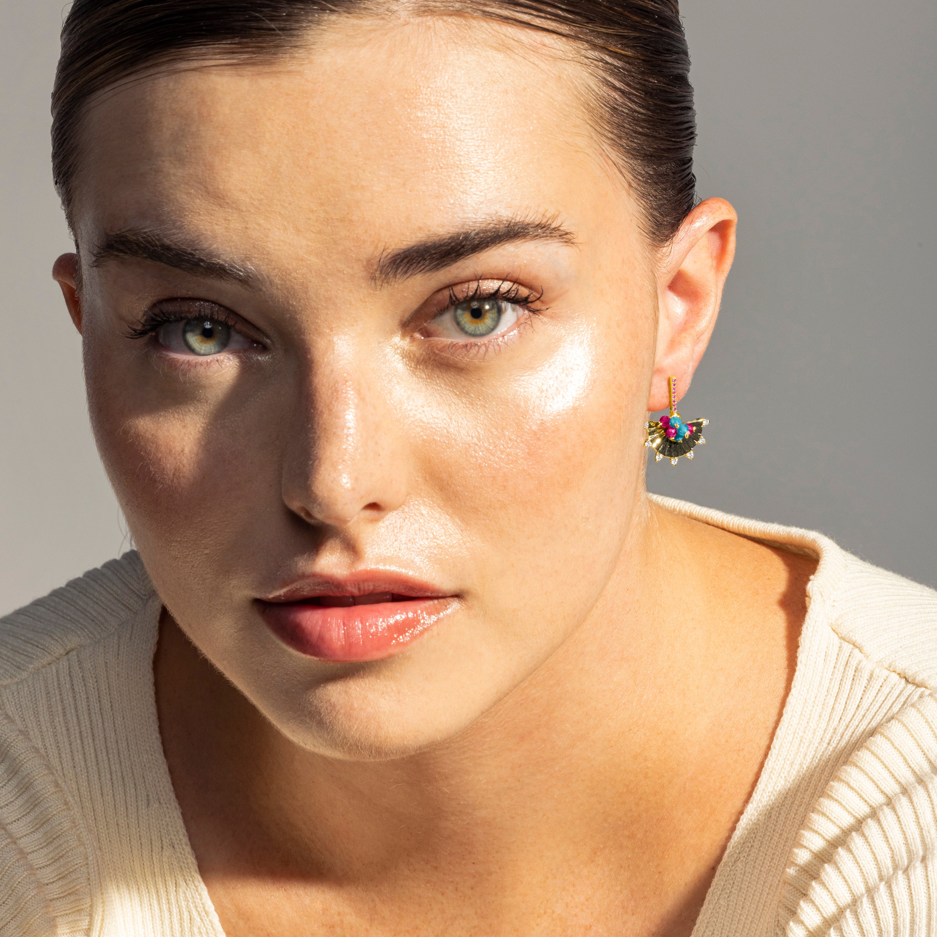 Boucles d'oreilles en argent sterling 925 avec zircon multicolore finition or jaune 18K - Salma