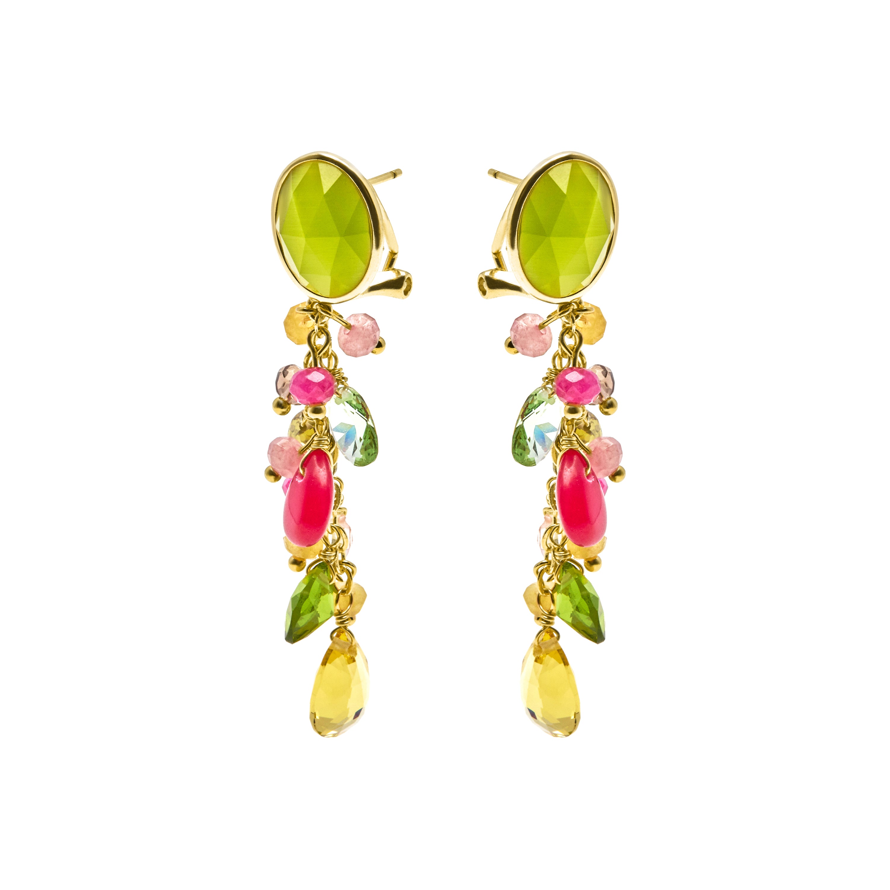 Brincos de Prata de Lei 925 e Olho de Gato Verde acabados em ouro amarelo 18K - Urilys