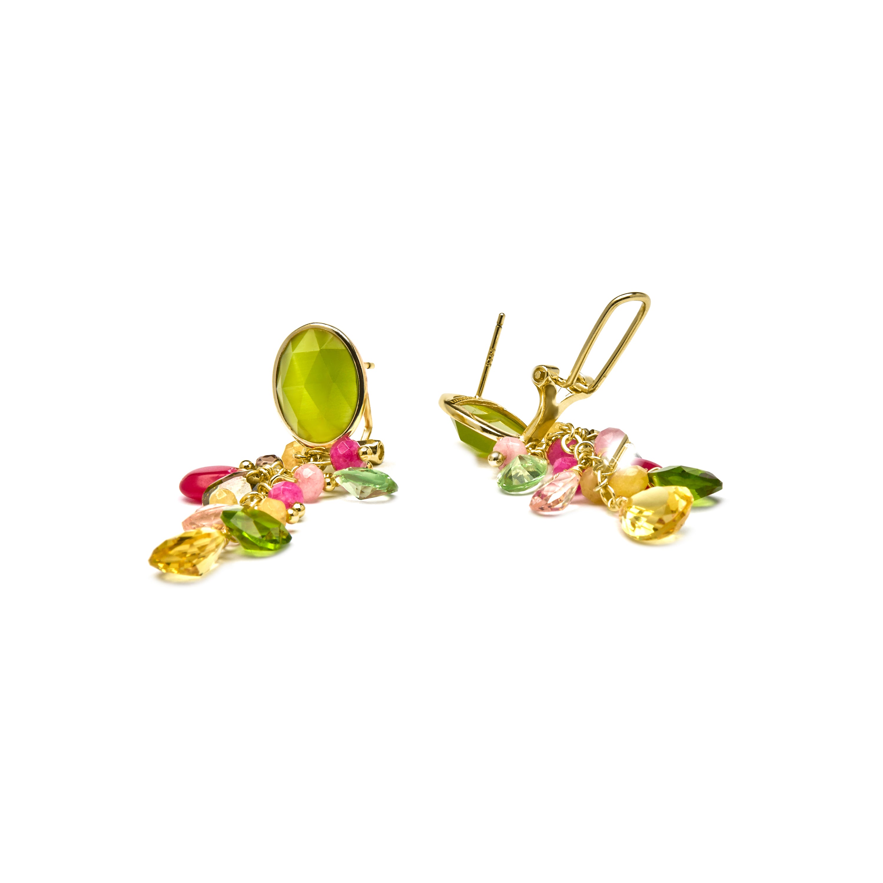 Brincos de Prata de Lei 925 e Olho de Gato Verde acabados em ouro amarelo 18K - Urilys