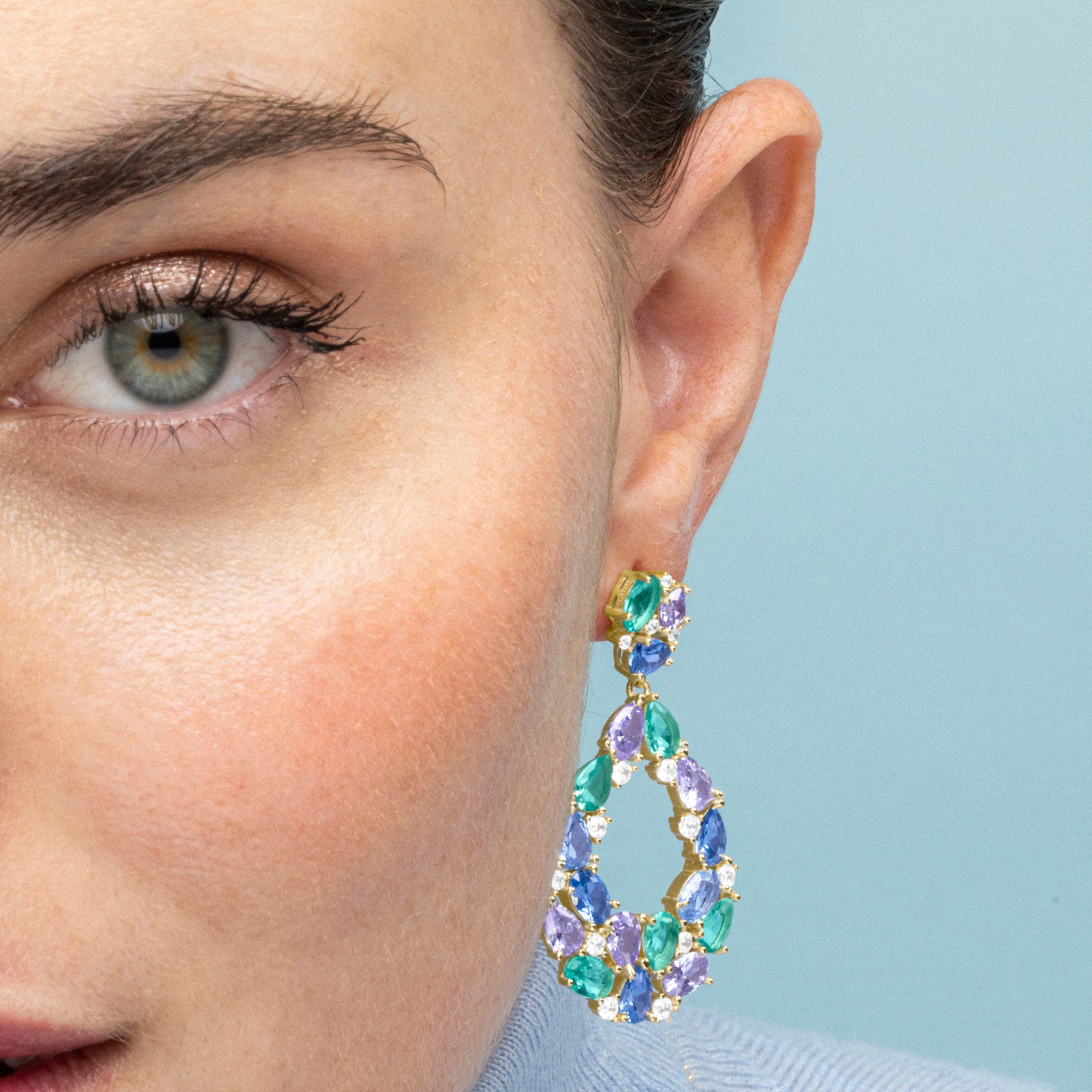 Pendientes de Plata de Ley 925 y Circonita Multicolor acabado oro 18k - Hereli