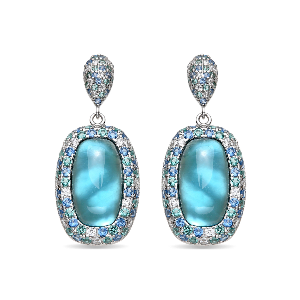 Boucles d'oreilles en argent sterling 925 et double couche hématite / cristal bleu finition rhodium - Baddal