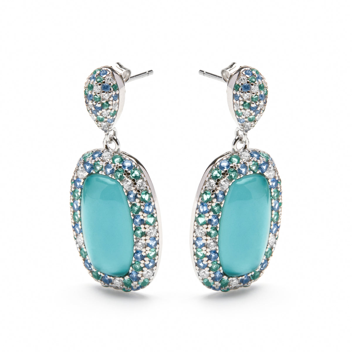 Boucles d'oreilles en argent sterling 925 et double couche hématite / cristal bleu finition rhodium - Baddal