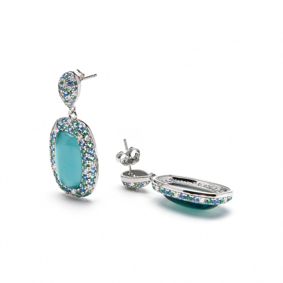 Boucles d'oreilles en argent sterling 925 et double couche hématite / cristal bleu finition rhodium - Baddal