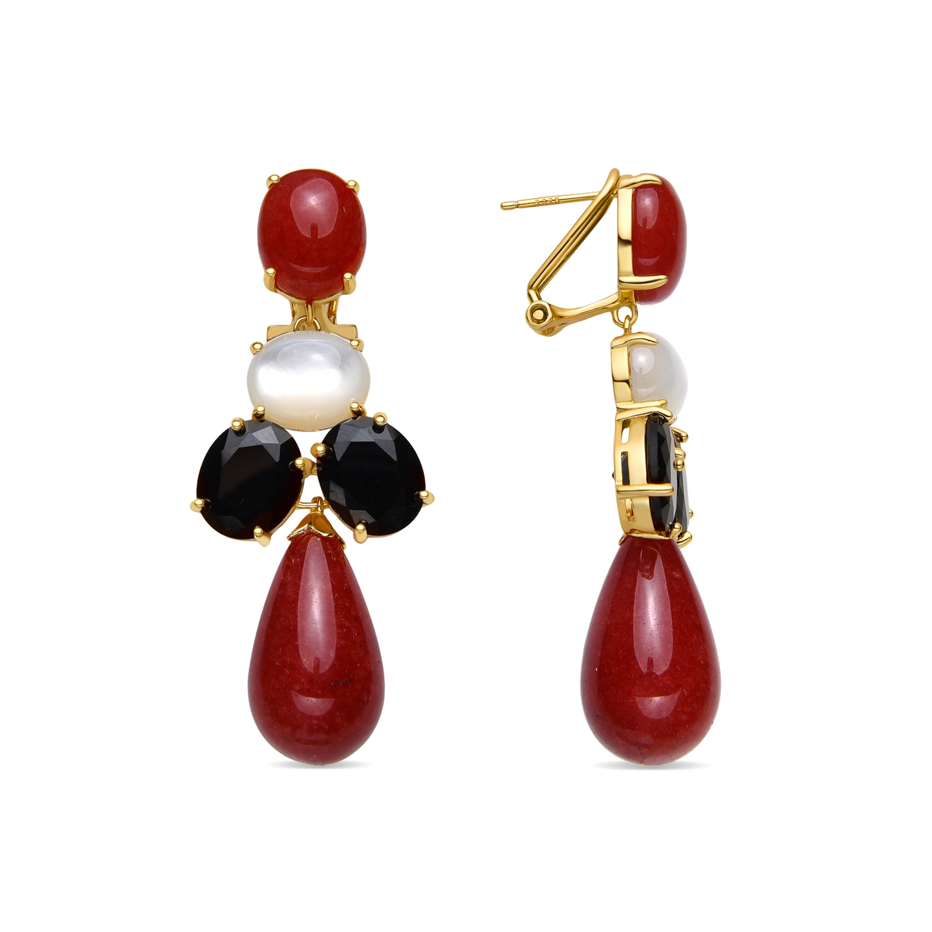 Brincos de Prata de Lei 925 e Coral com acabamento em ouro amarelo 18k - Dumi