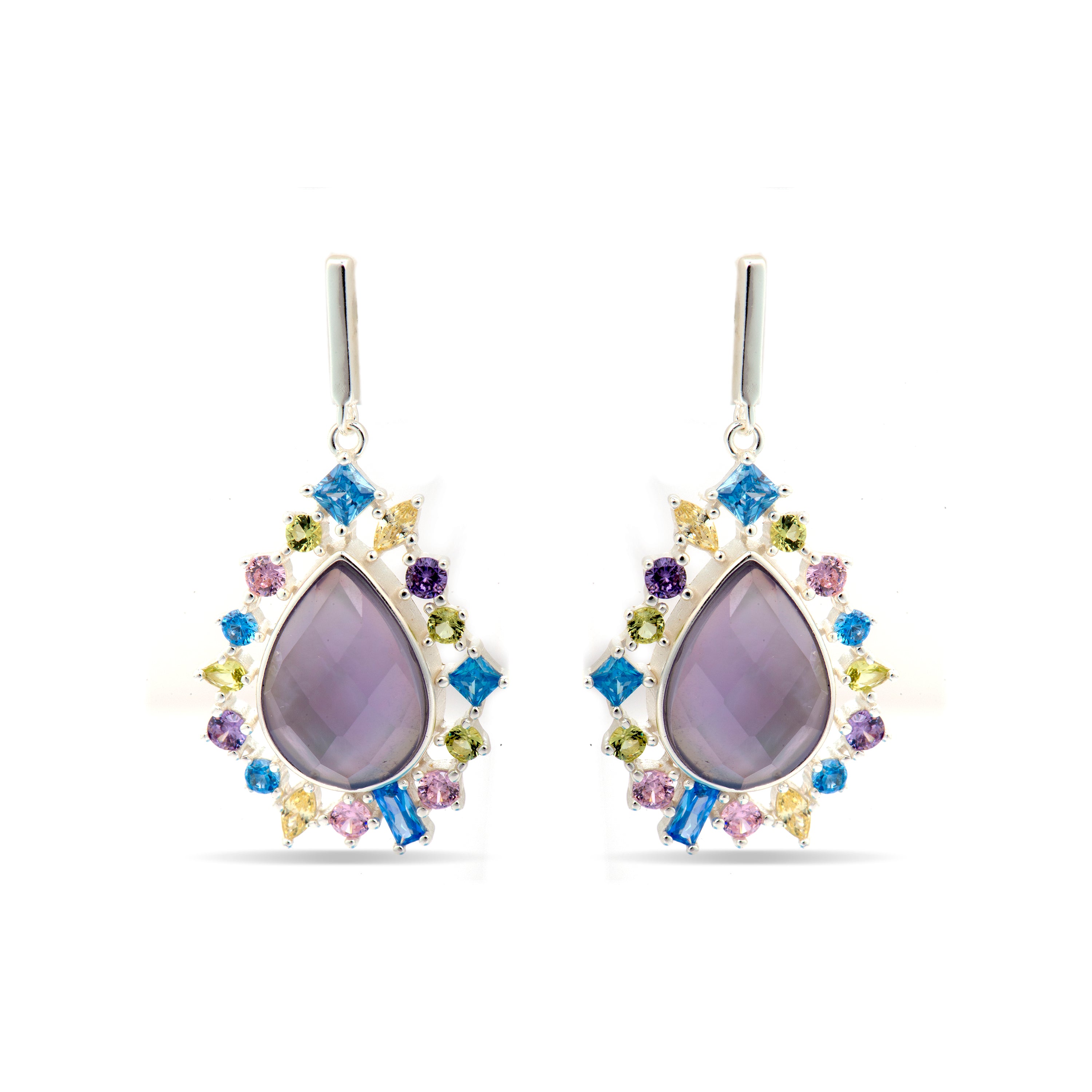 925 Sterling Silver Earrings with Multicolor Cubic Zirconia, Rhodium Finish - Shigua