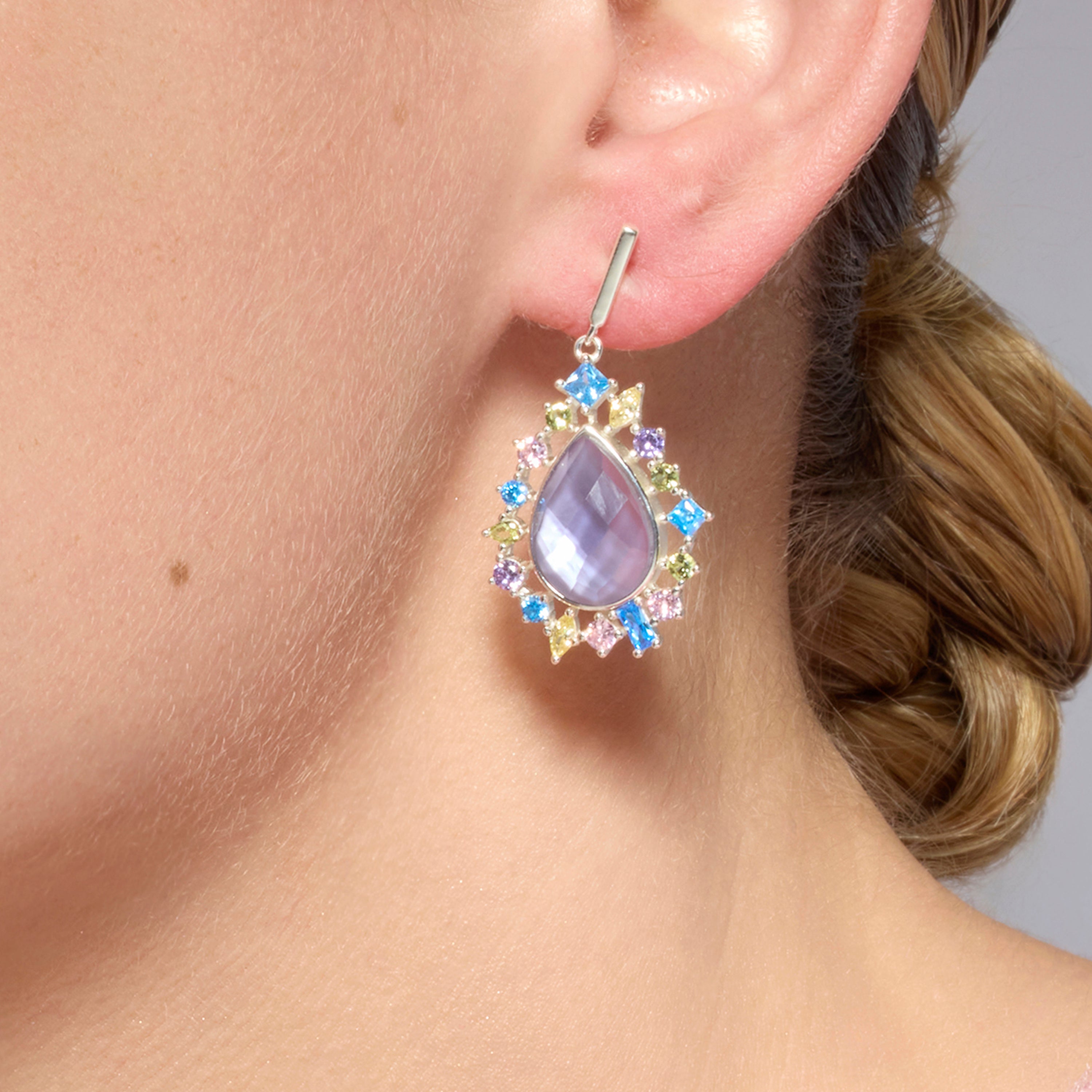 925 Sterling Silver Earrings with Multicolor Cubic Zirconia, Rhodium Finish - Shigua