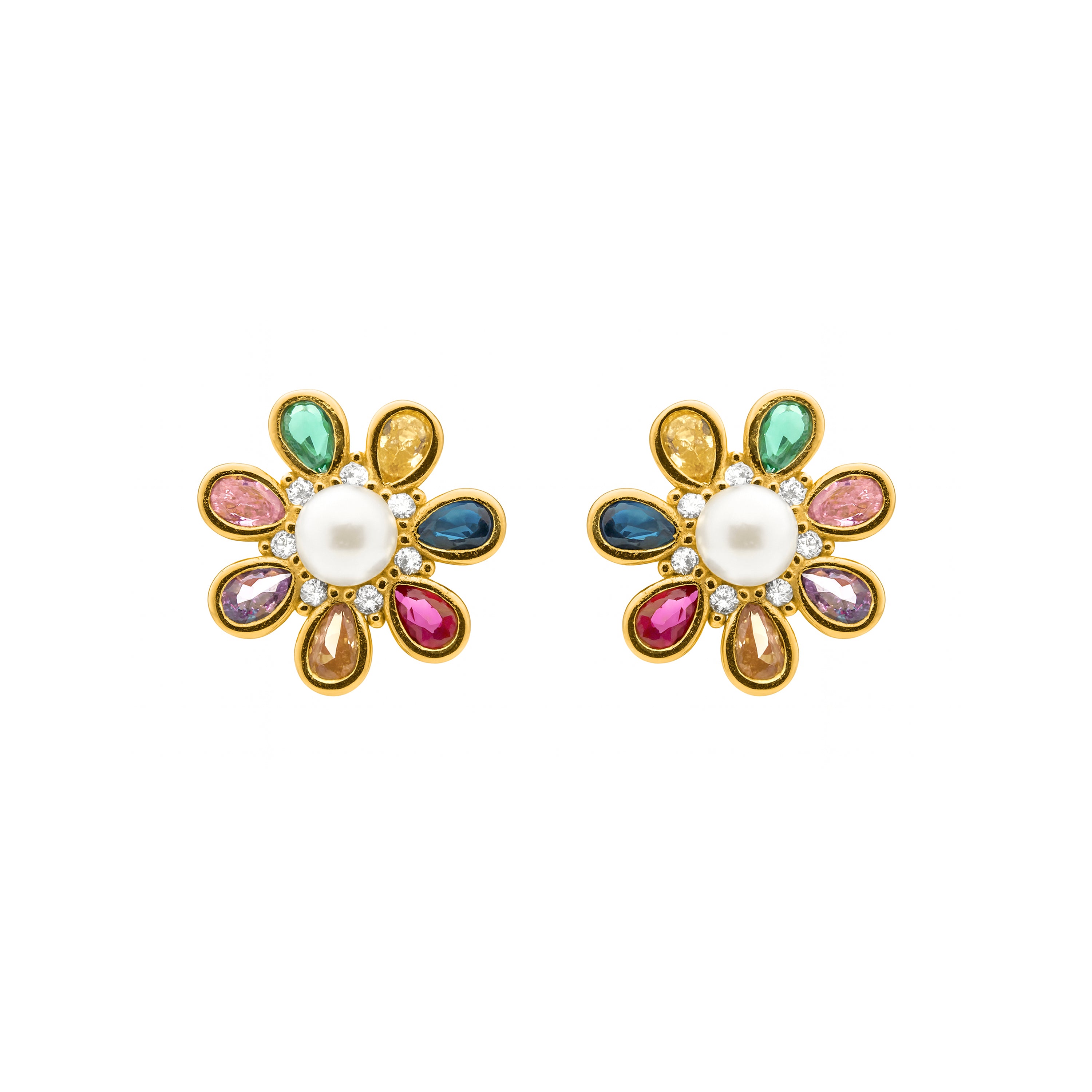 925 Sterling Silver Earrings with Multicolor Cubic Zirconia finished in 18k Yellow Gold - Bosul