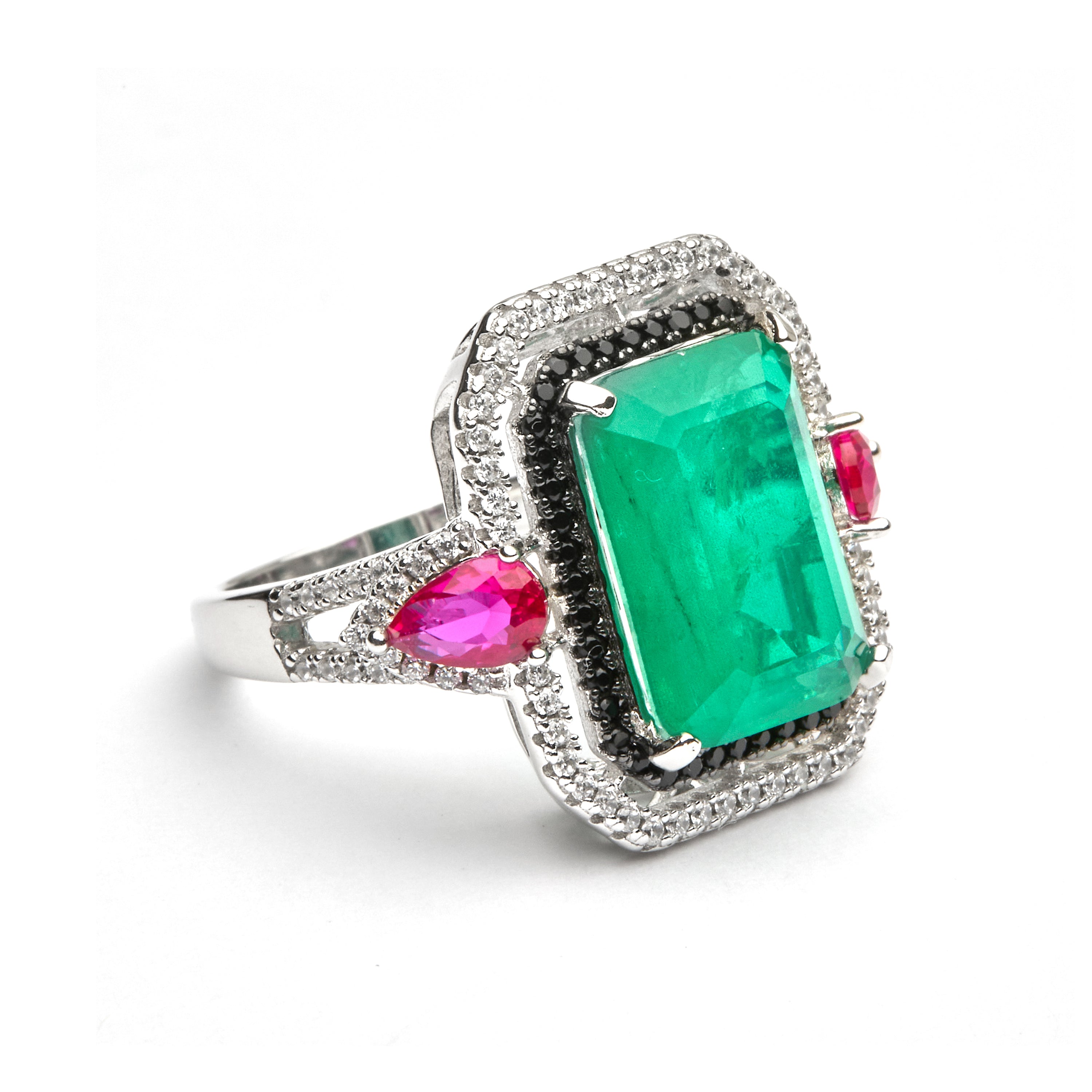 Anello in Argento Sterling 925 e Quarzo Idrotermale Verde finito in Rodio - Malizu