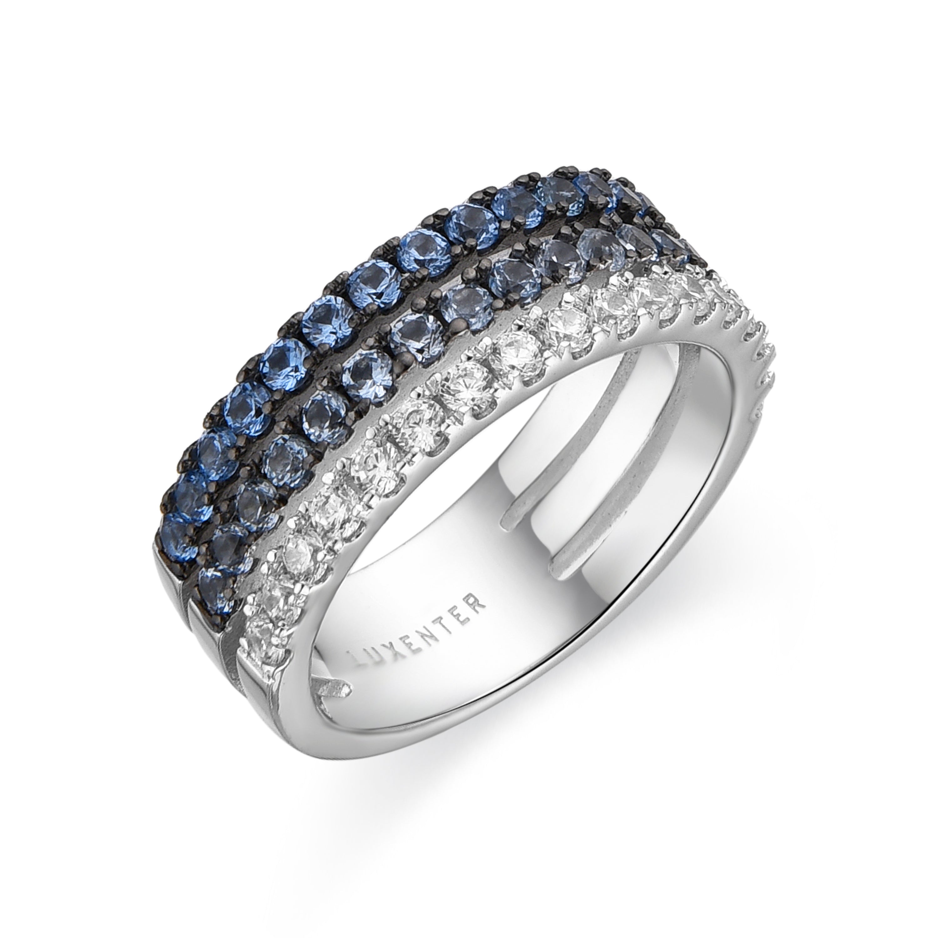 925 Sterling Silver Ring with Aquamarine Cubic Zirconia finished in Rhodium - Duse
