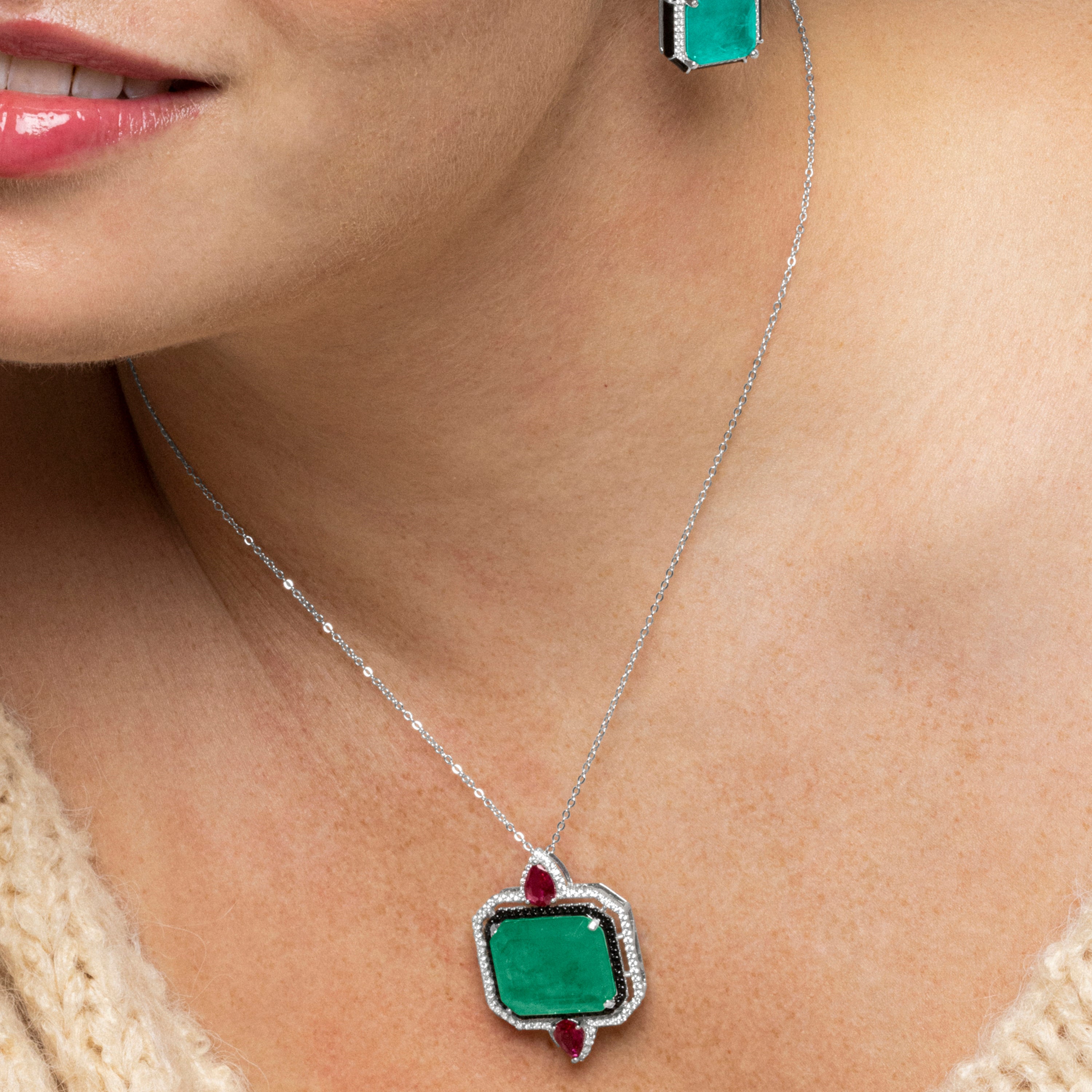 Collier en argent sterling 925 et quartz hydrothermal vert finition rhodiée - Malizu