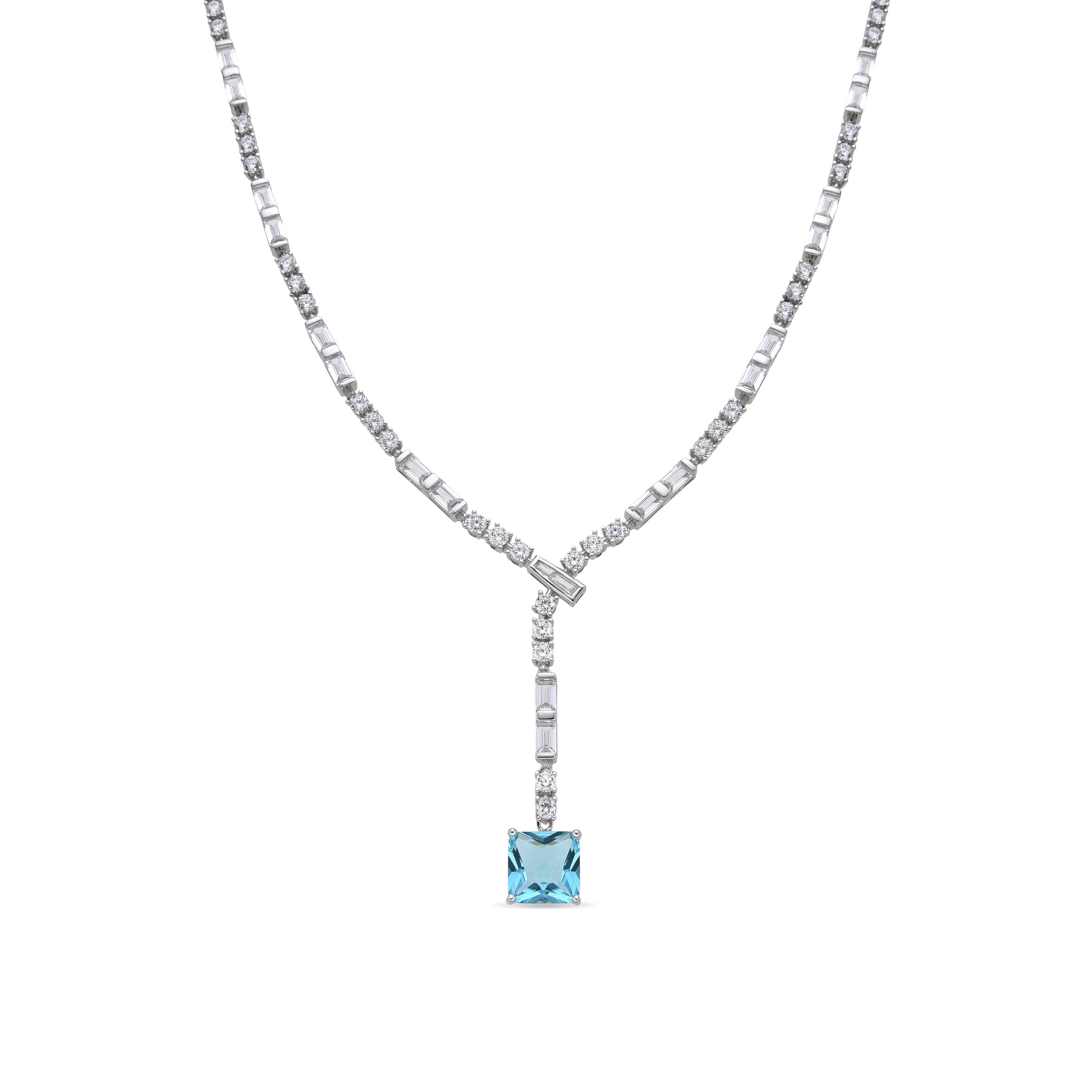925 Sterling Silver Necklace with Aquamarine Zirconia Rhodium Finish - Faro