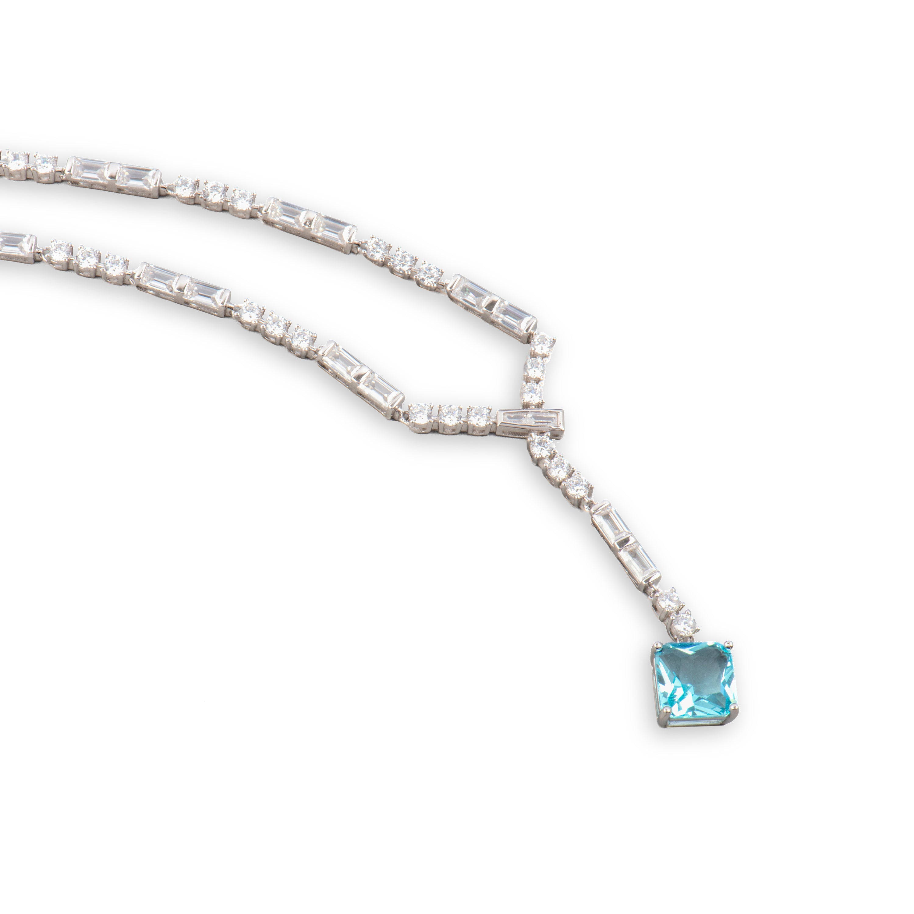 925 Sterling Silver Necklace with Aquamarine Zirconia Rhodium Finish - Faro